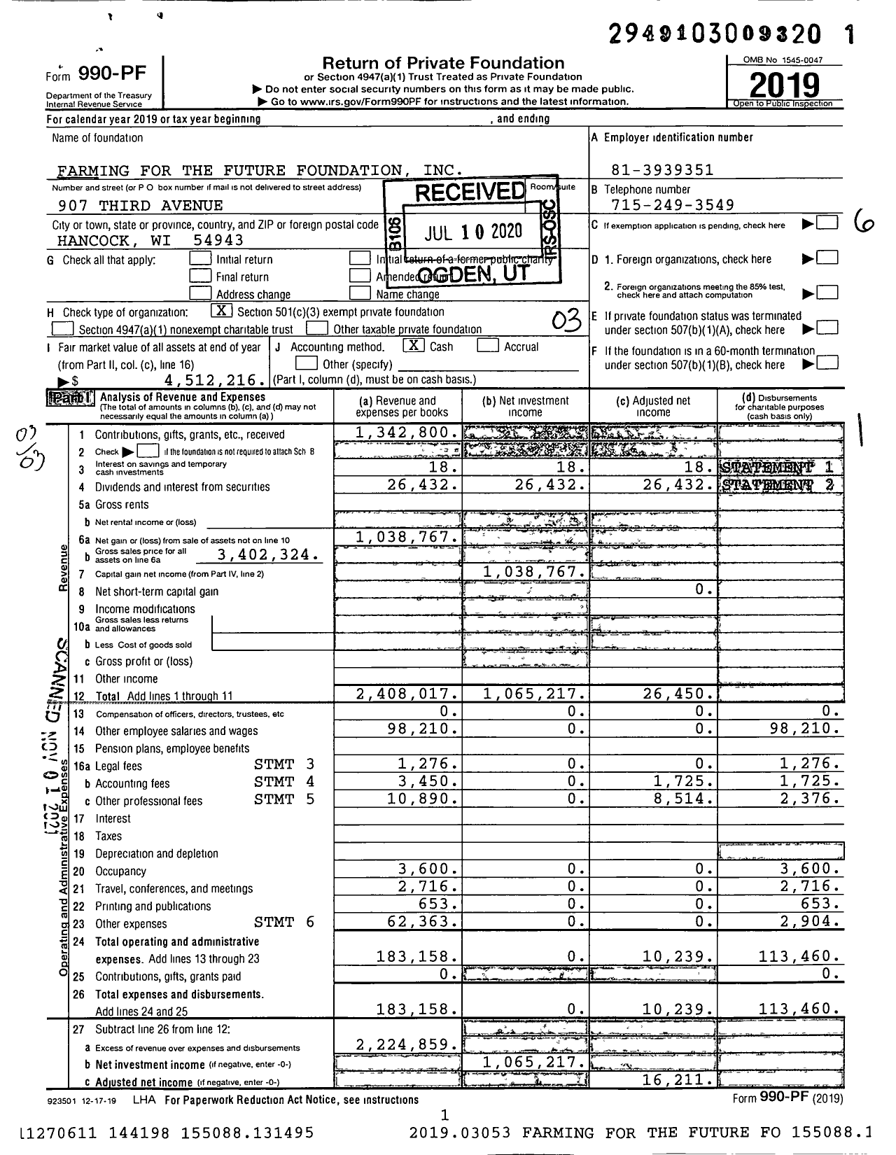 Image of first page of 2019 Form 990PF for Farming for the Future Foundation