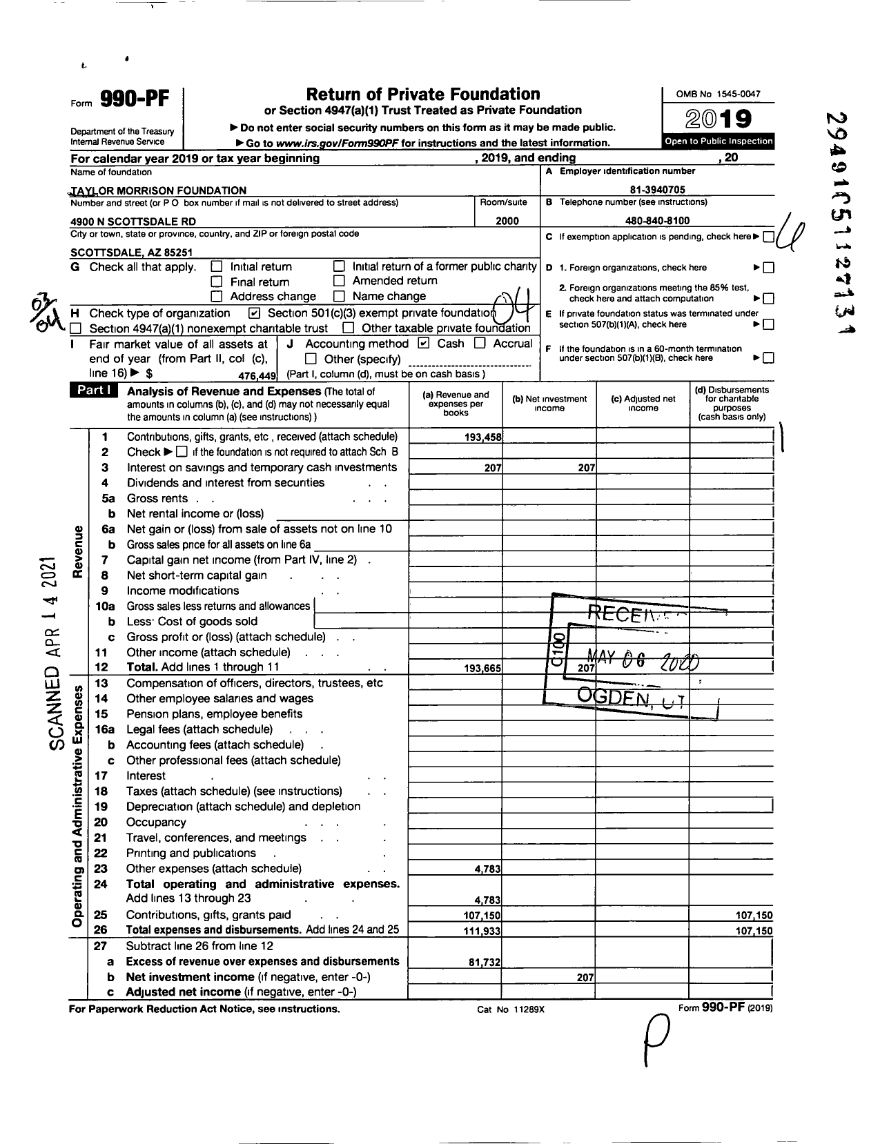 Image of first page of 2019 Form 990PF for Taylor Morrison Foundation