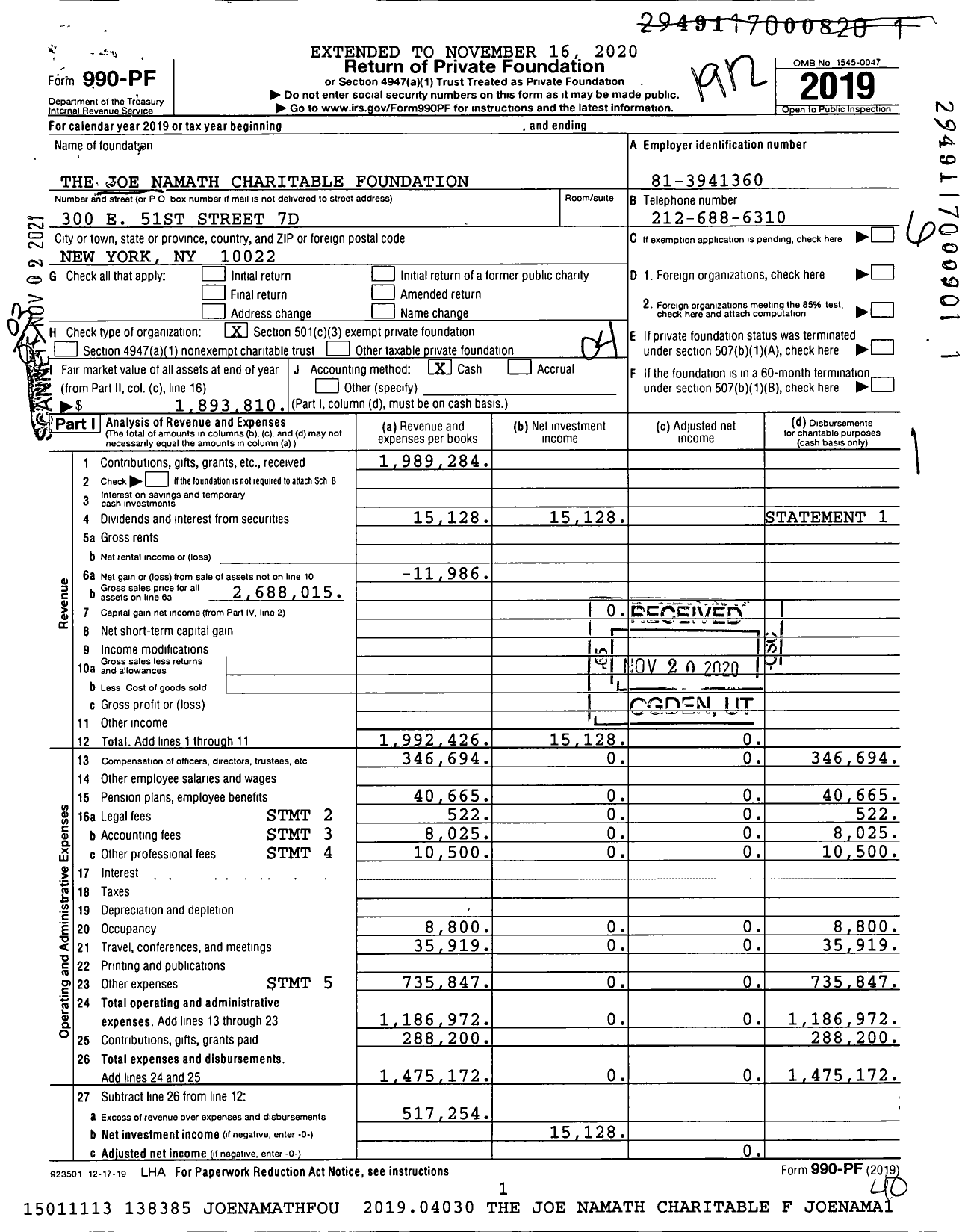 Image of first page of 2019 Form 990PF for The Joe Namath Charitable Foundation