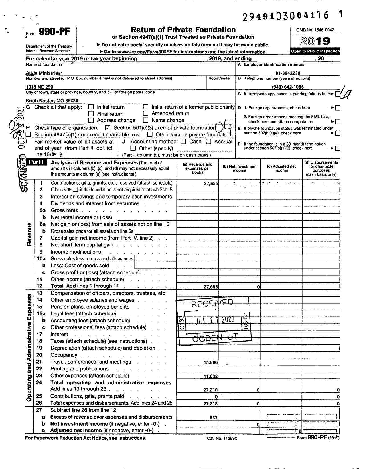 Image of first page of 2019 Form 990PF for All-In Ministries