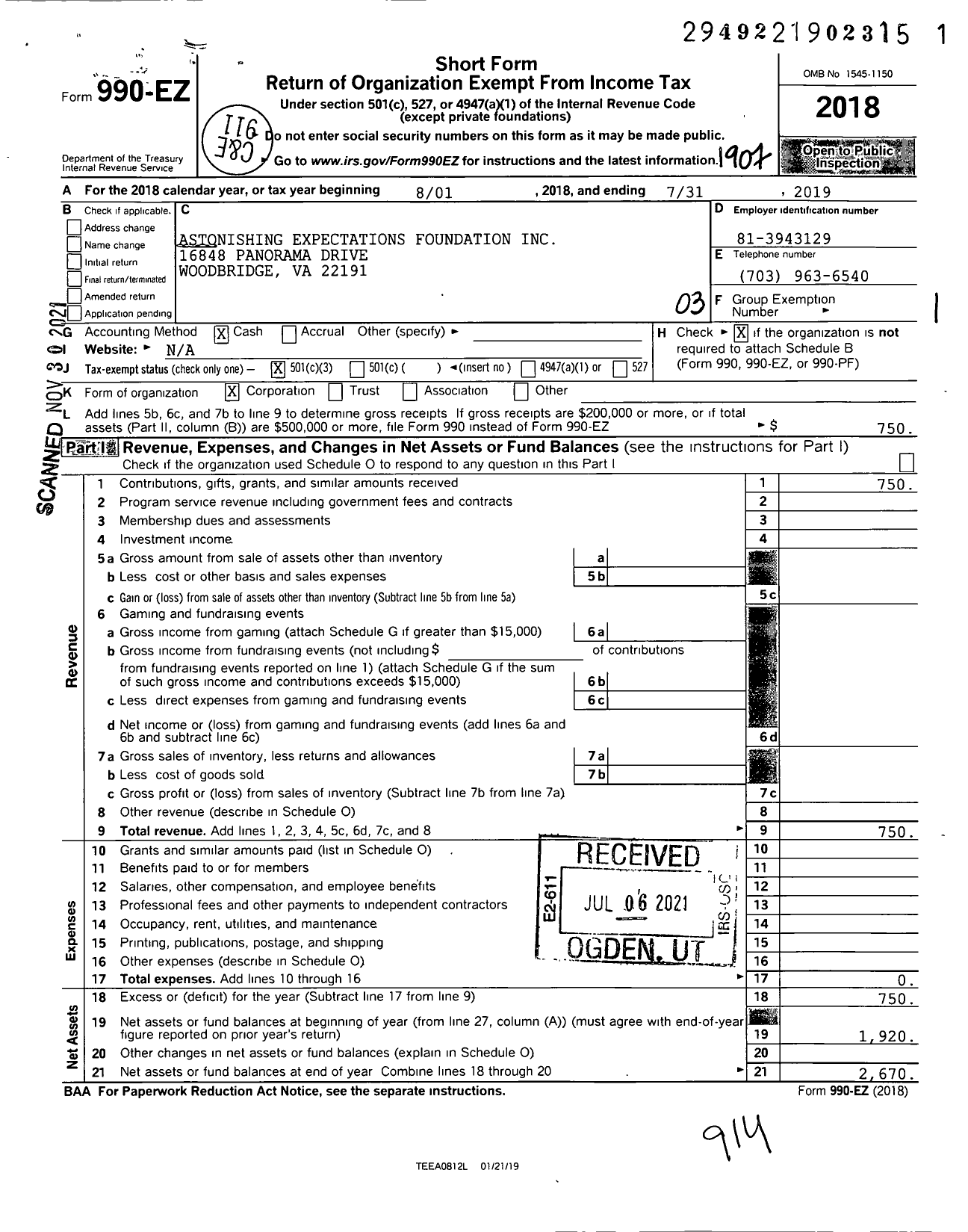 Image of first page of 2018 Form 990EZ for Astonishing Expectations Foundation