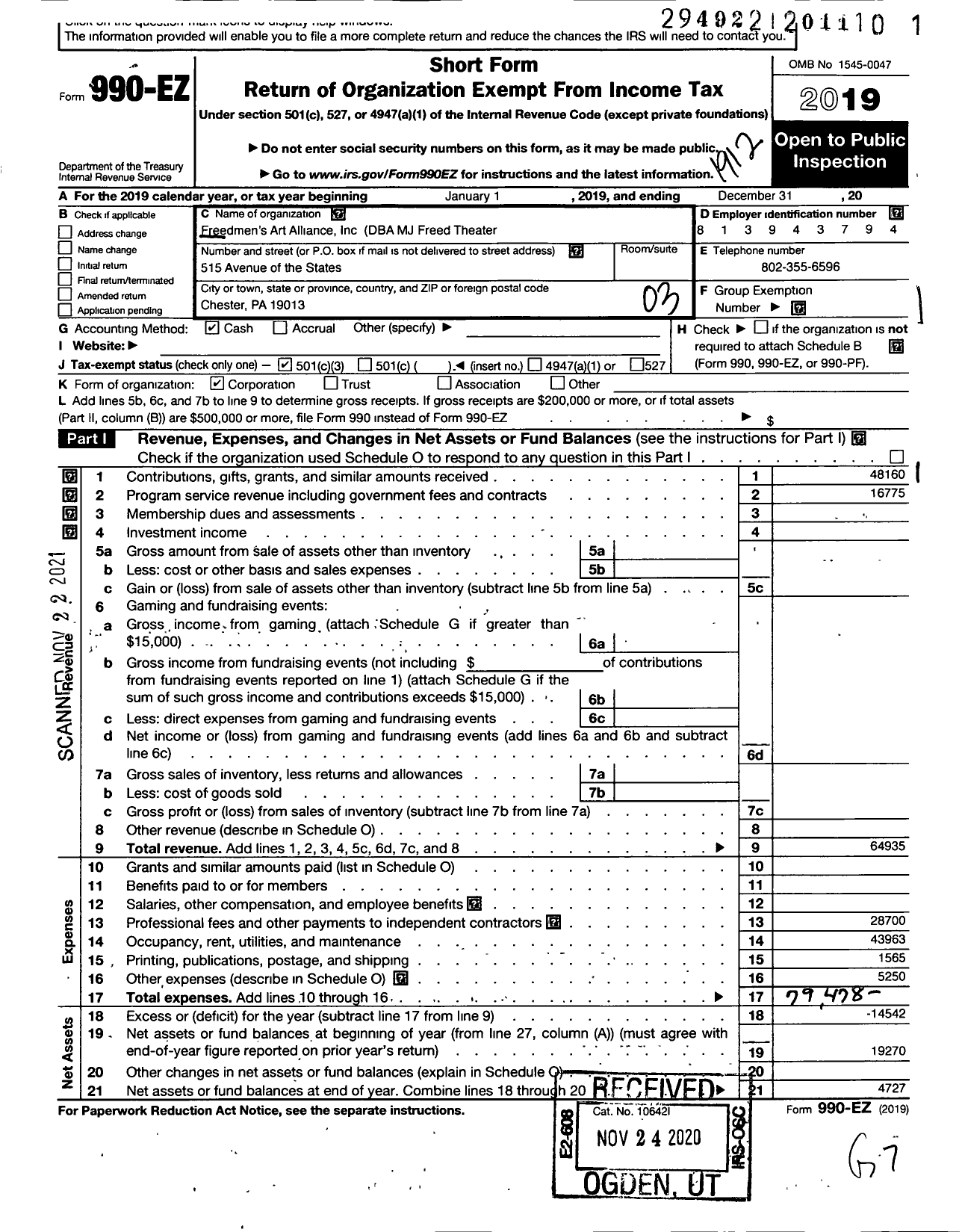 Image of first page of 2019 Form 990EZ for MJ Freed Theater