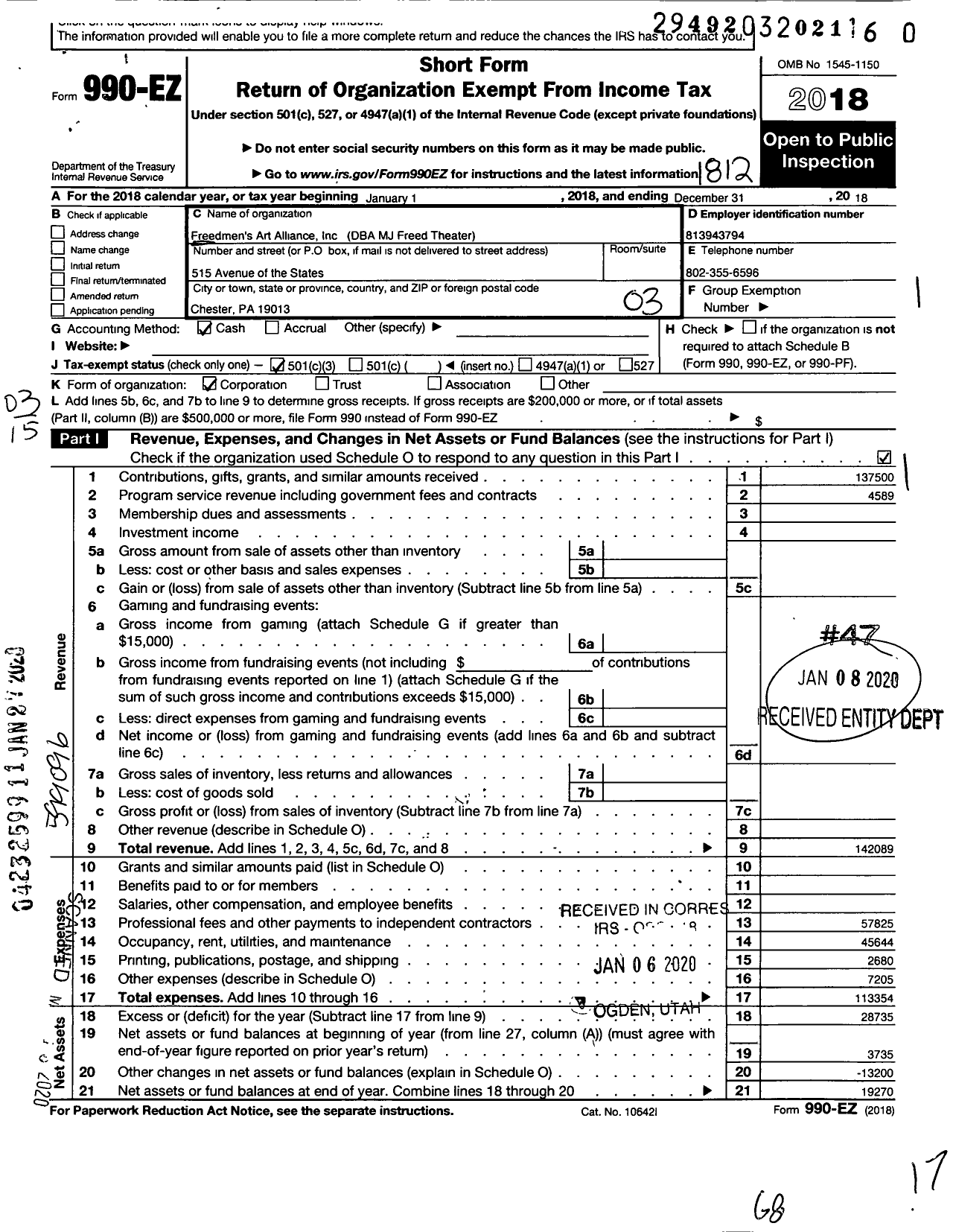 Image of first page of 2018 Form 990EZ for MJ Freed Theater