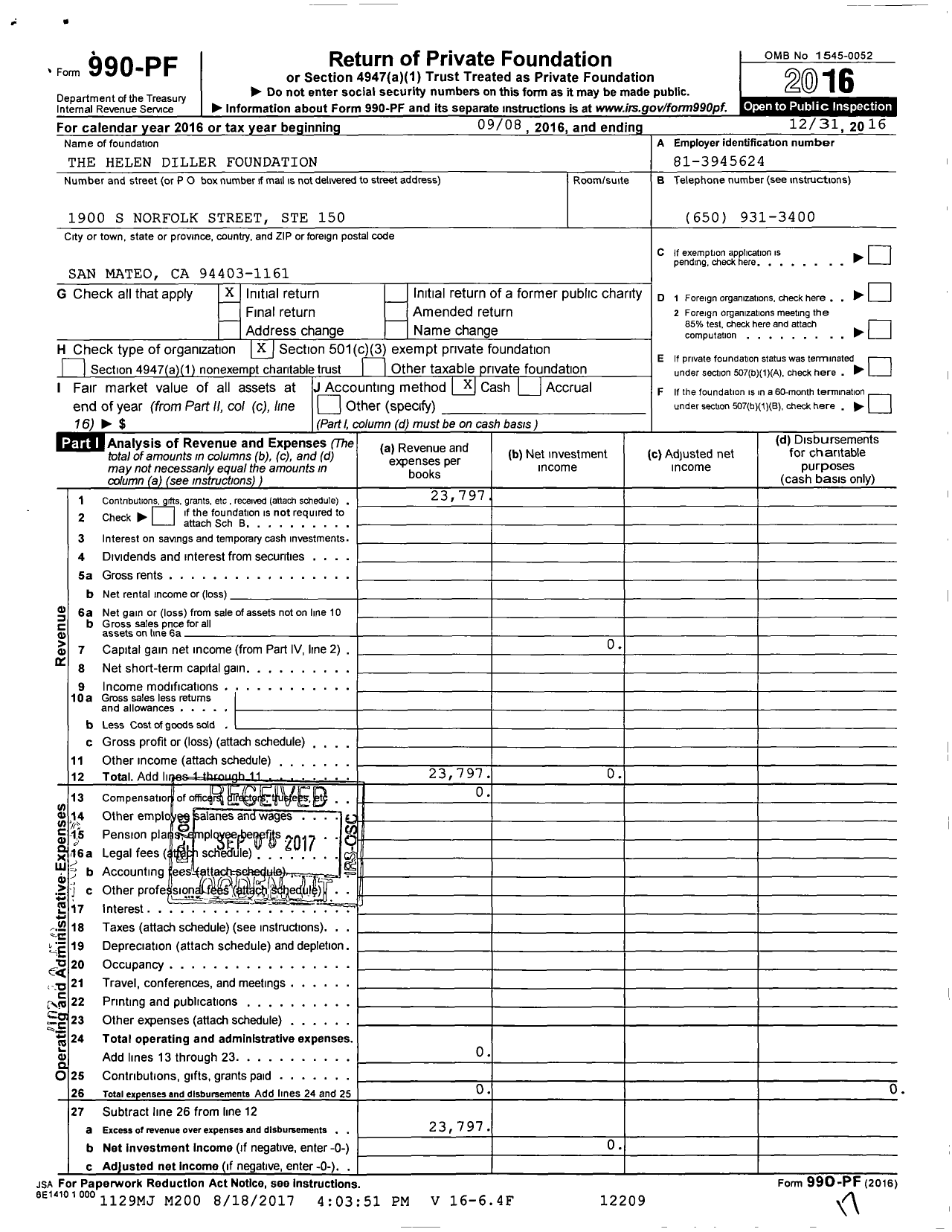 Image of first page of 2016 Form 990PF for The Helen Diller Foundation