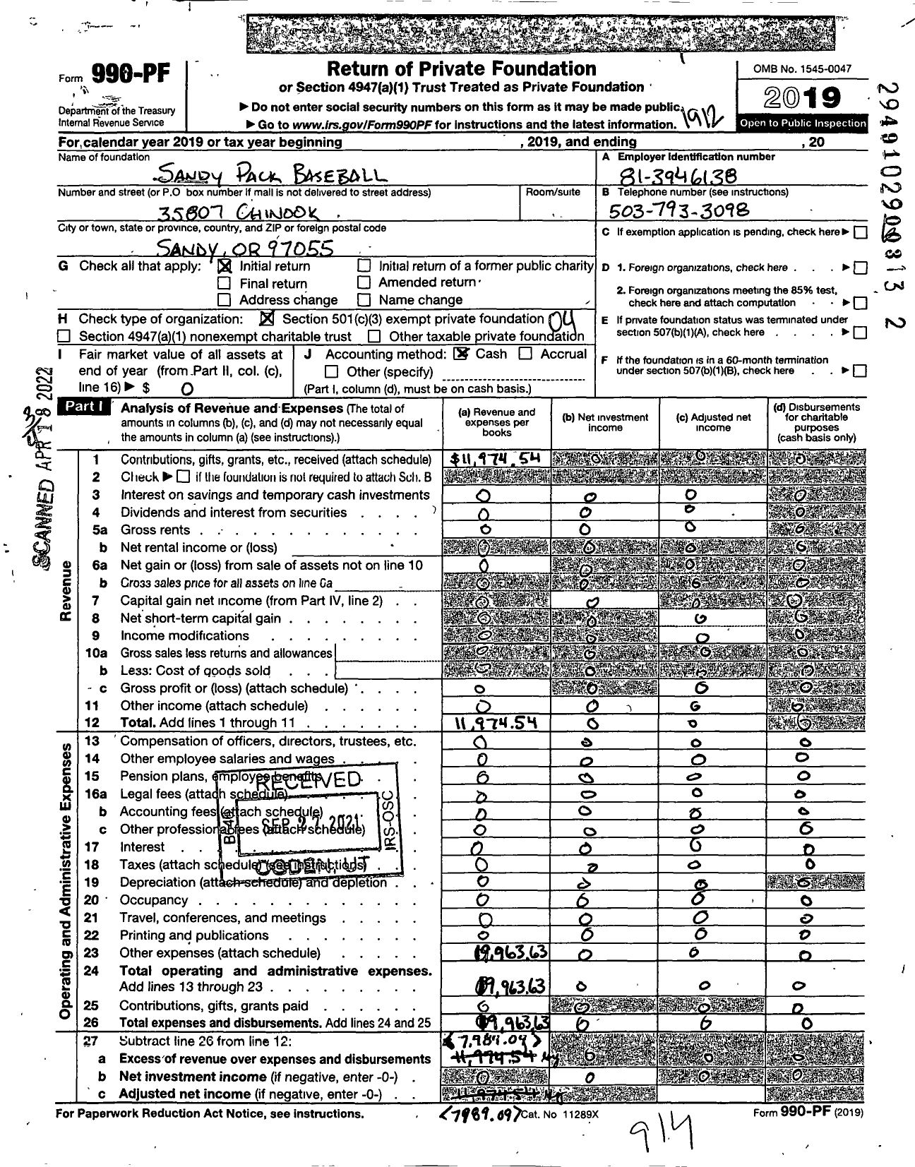 Image of first page of 2019 Form 990PF for Sandy Pack Baseball