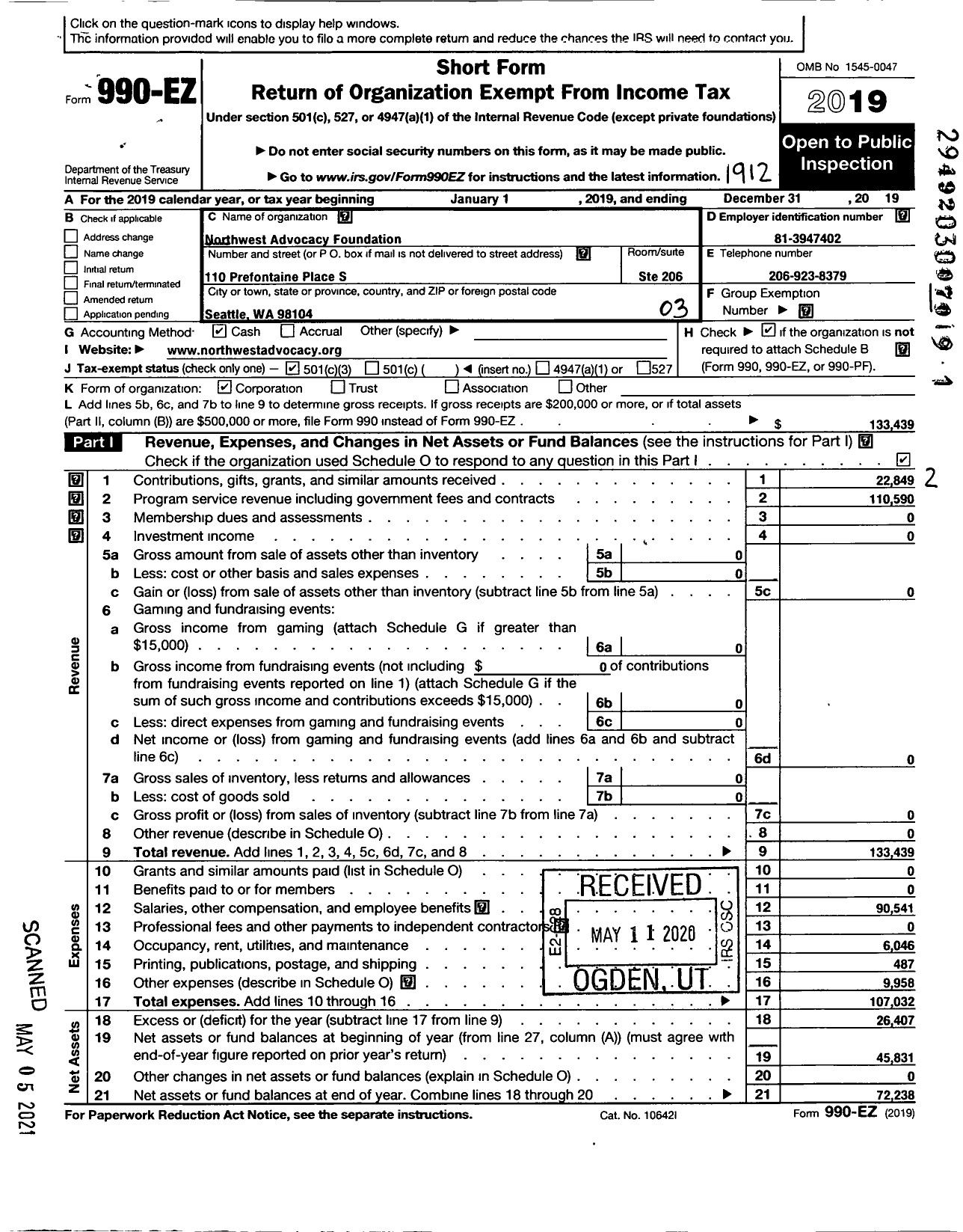 Image of first page of 2019 Form 990EZ for Northwest Advocacy Foundation