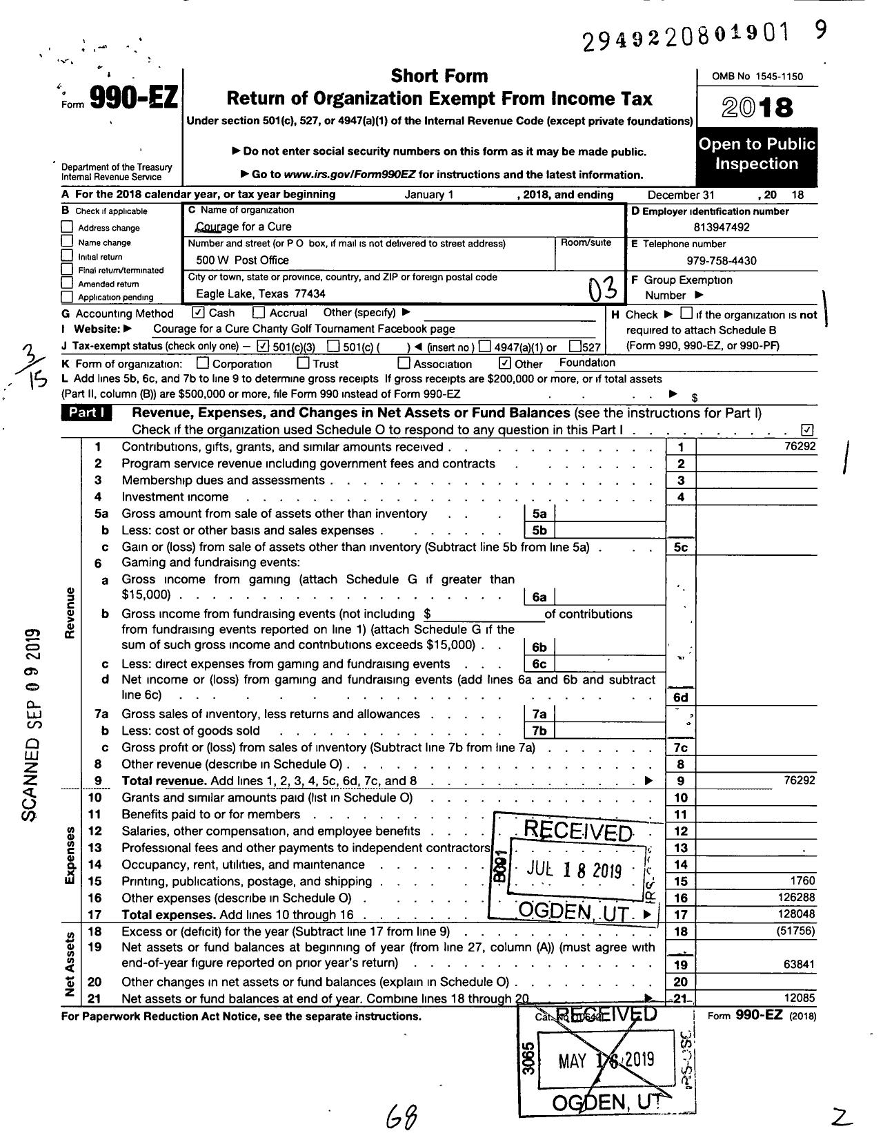 Image of first page of 2018 Form 990EZ for Courage for A Cure