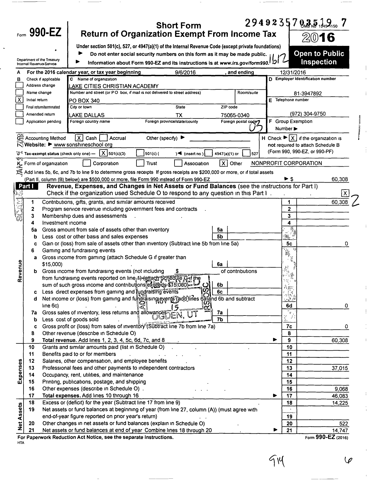 Image of first page of 2016 Form 990EZ for Lake Cities Christian Academy