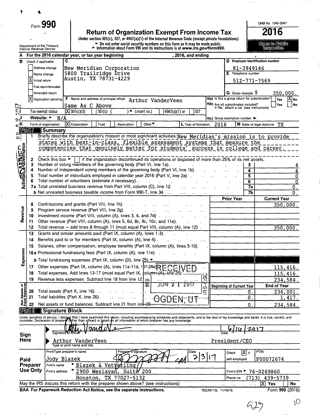 Image of first page of 2016 Form 990 for New Meridian Corporation