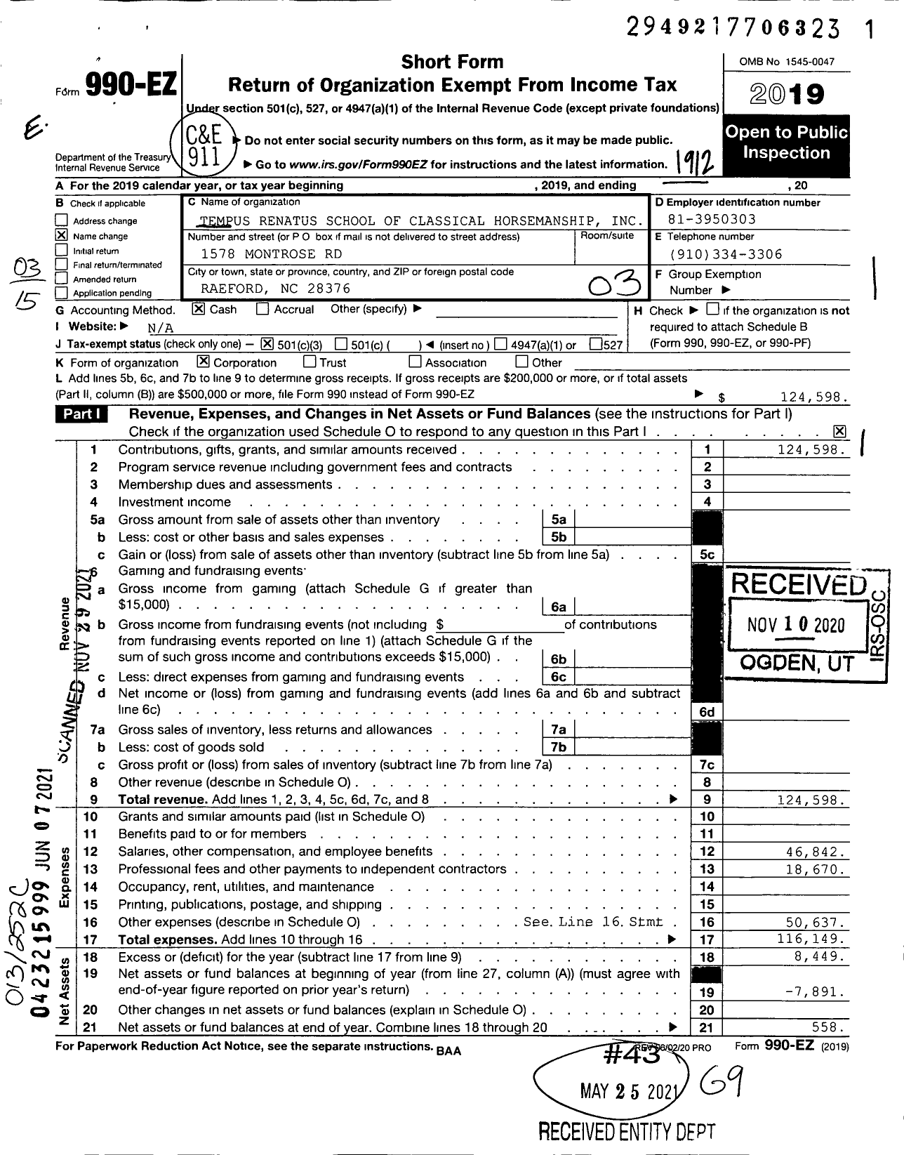 Image of first page of 2019 Form 990EZ for Tempus Renatus School of Classical Horsemanship