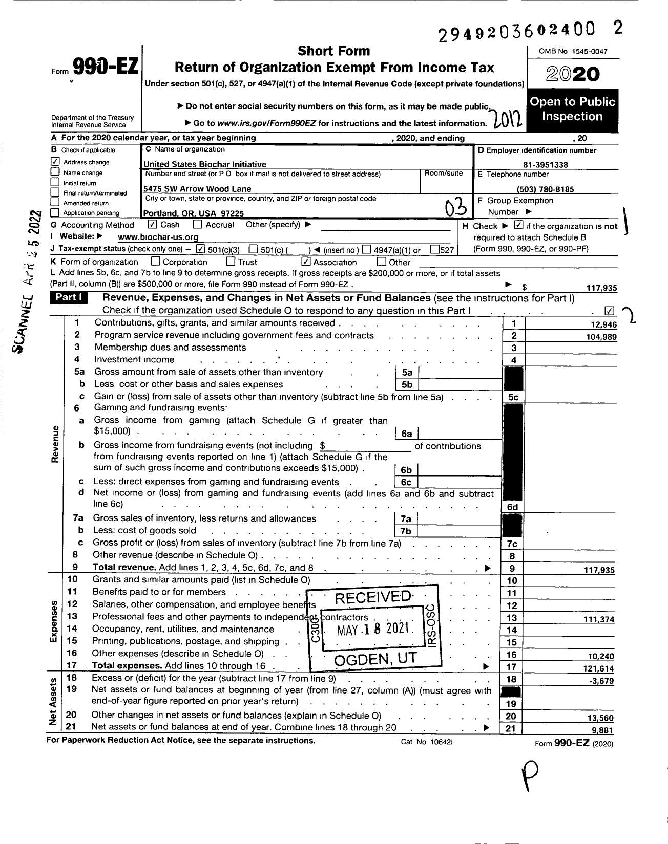 Image of first page of 2020 Form 990EZ for United States Biochar Initiative (USBI)