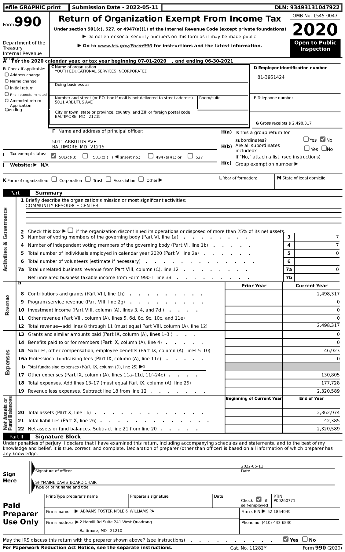 Image of first page of 2020 Form 990 for Youth Educational Services Incorporated