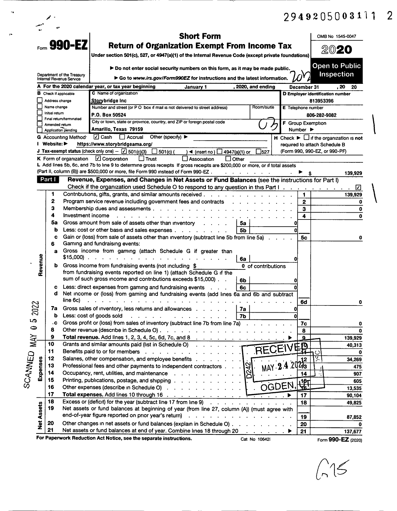 Image of first page of 2020 Form 990EZ for Storybridge