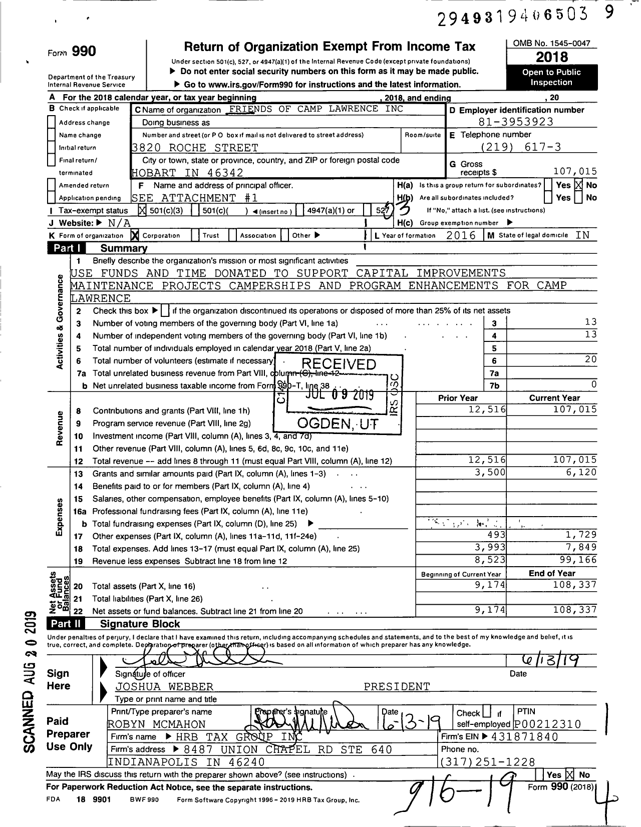 Image of first page of 2018 Form 990 for Friends of Camp Lawrence