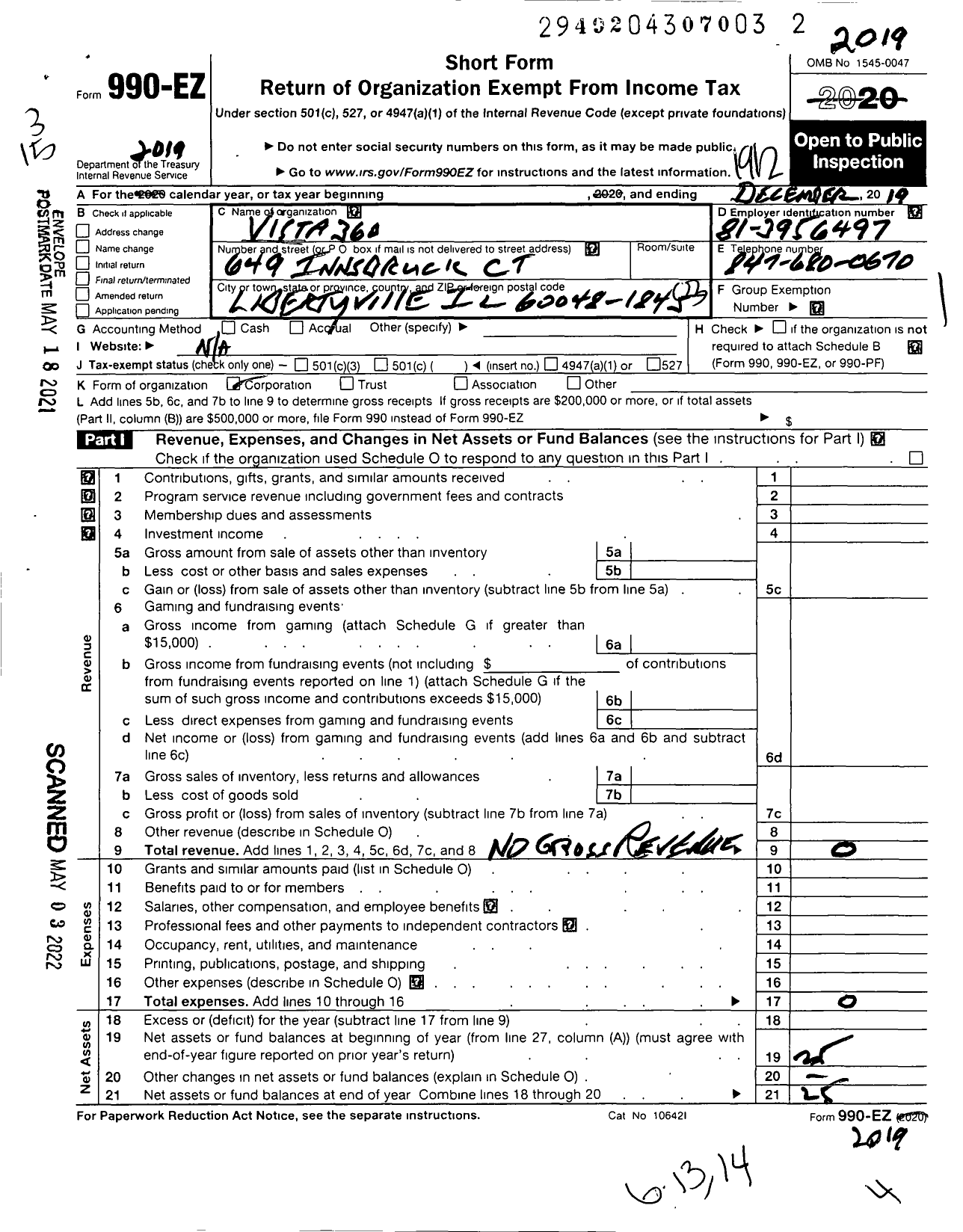 Image of first page of 2019 Form 990EZ for Vista 360