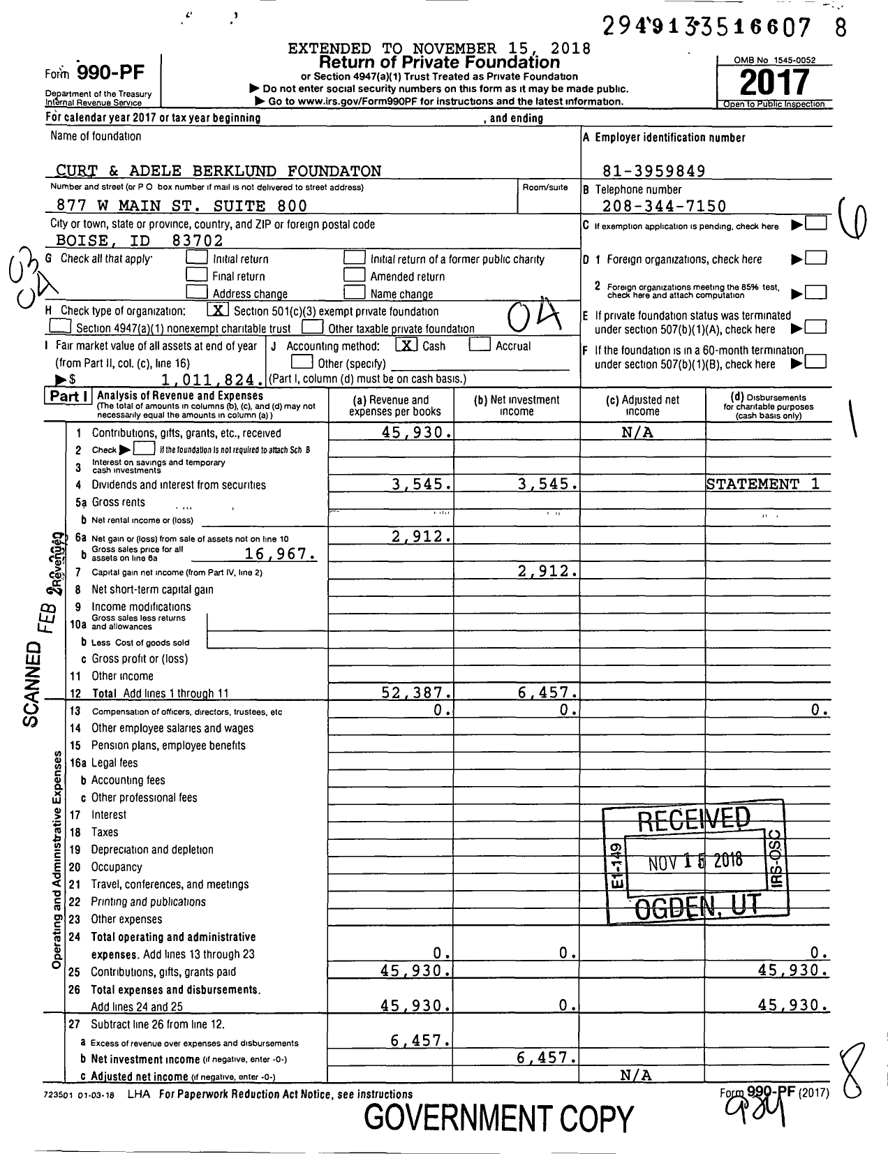 Image of first page of 2017 Form 990PF for Curt and Adele Berklund Foundation