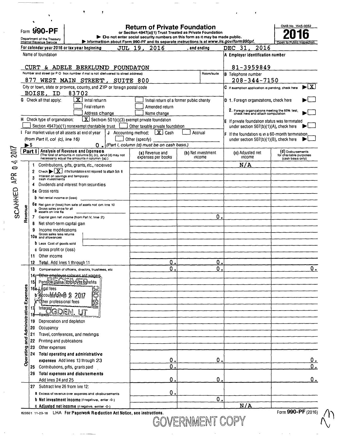 Image of first page of 2016 Form 990PF for Curt and Adele Berklund Foundation