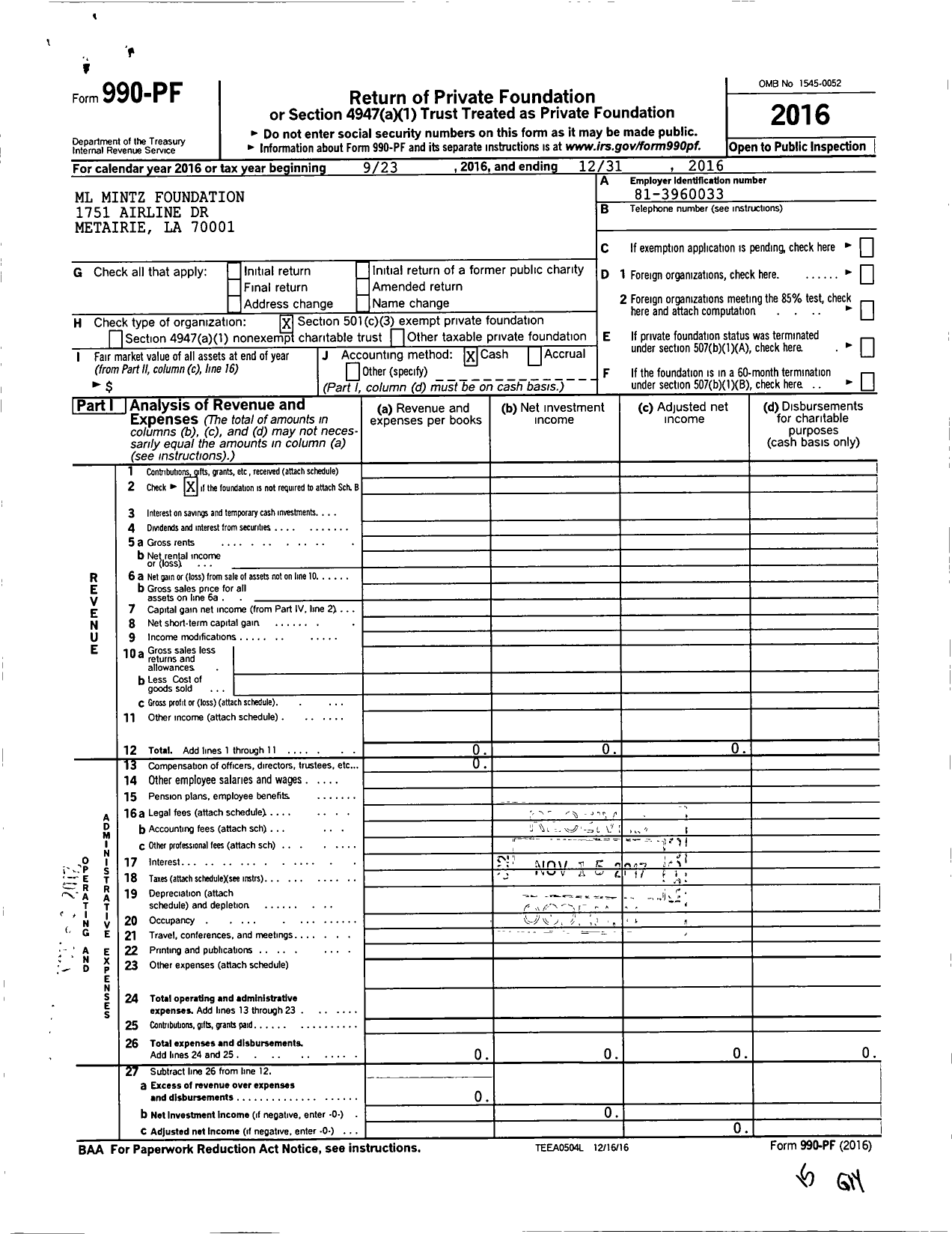 Image of first page of 2016 Form 990PF for ML Mintz Foundation