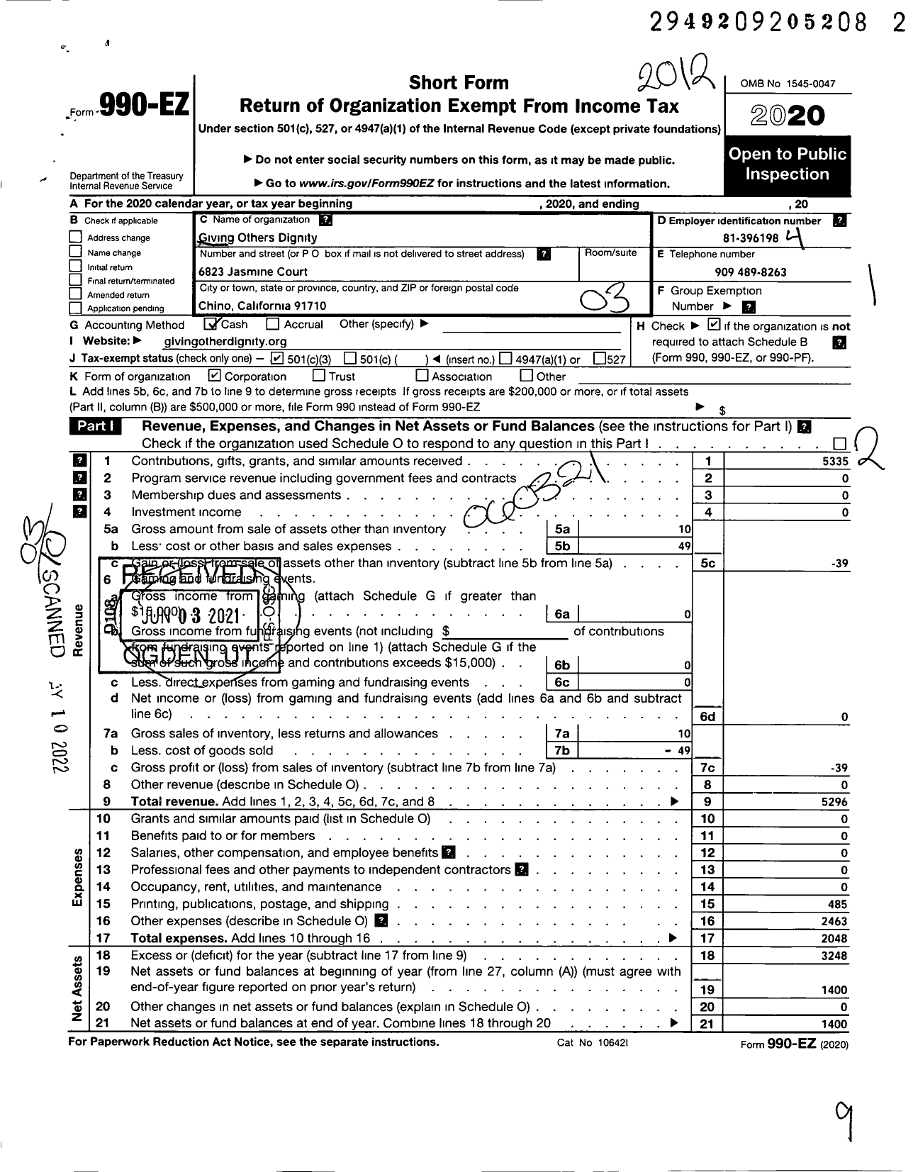 Image of first page of 2020 Form 990EZ for Giving Others Dignity