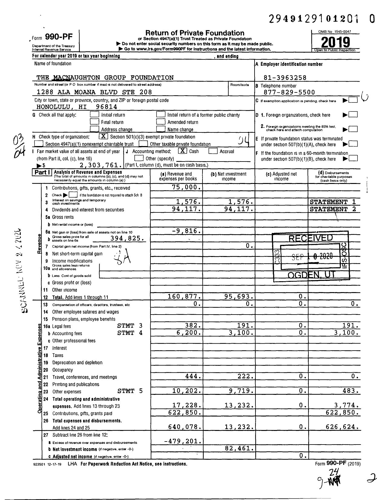 Image of first page of 2019 Form 990PF for Macnaughton Foundation