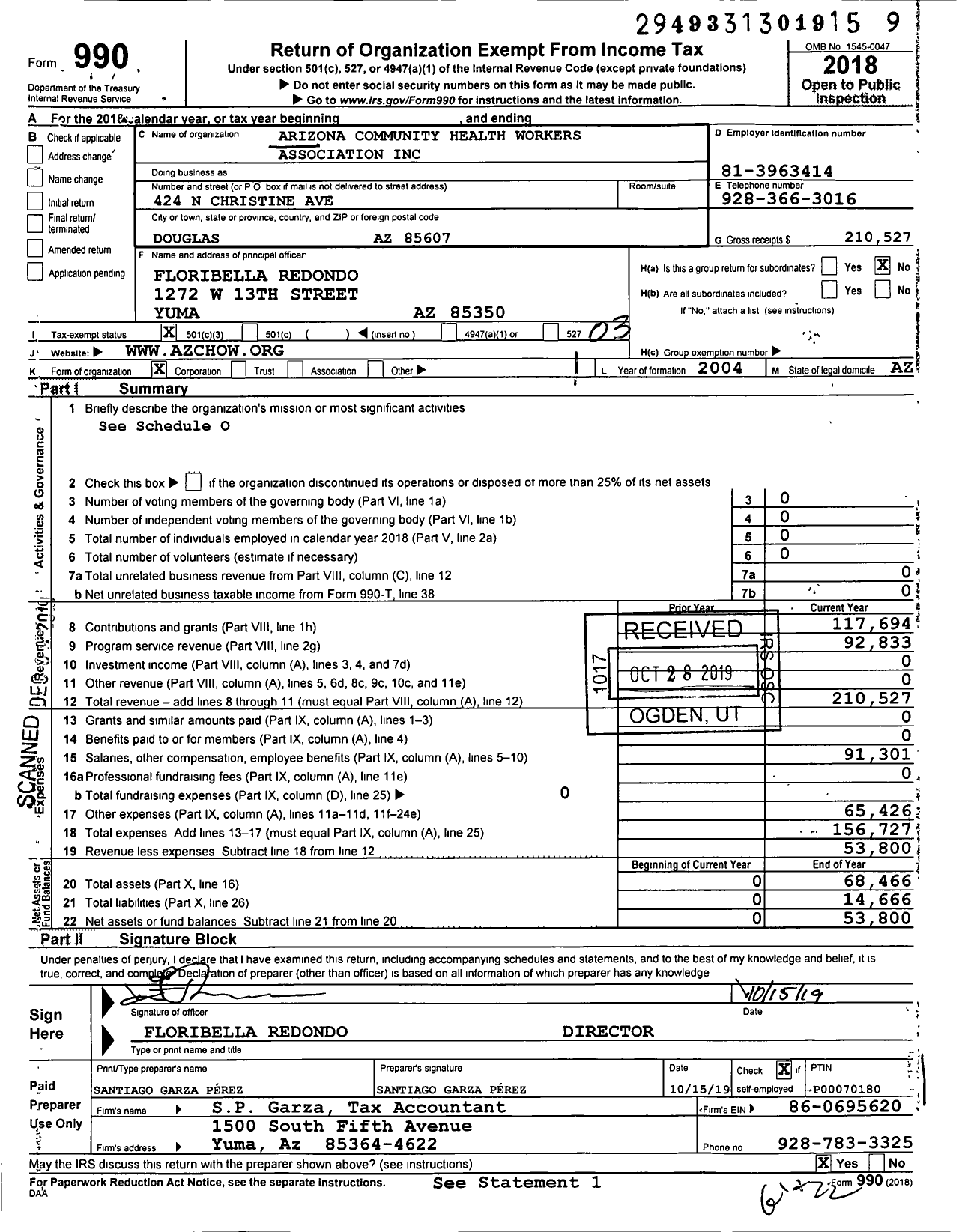 Image of first page of 2018 Form 990 for Arizona Community Health Workers Association