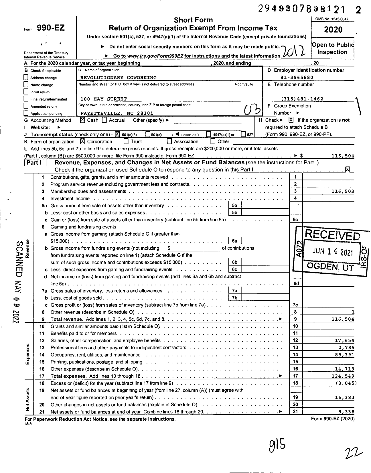 Image of first page of 2020 Form 990EZ for Revolutionary Coworking