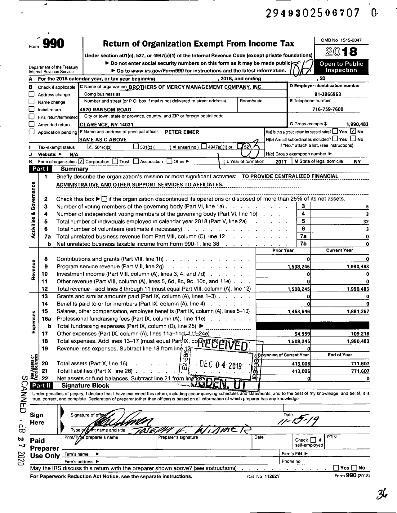 Image of first page of 2018 Form 990 for Brothers of Mercy Management Company