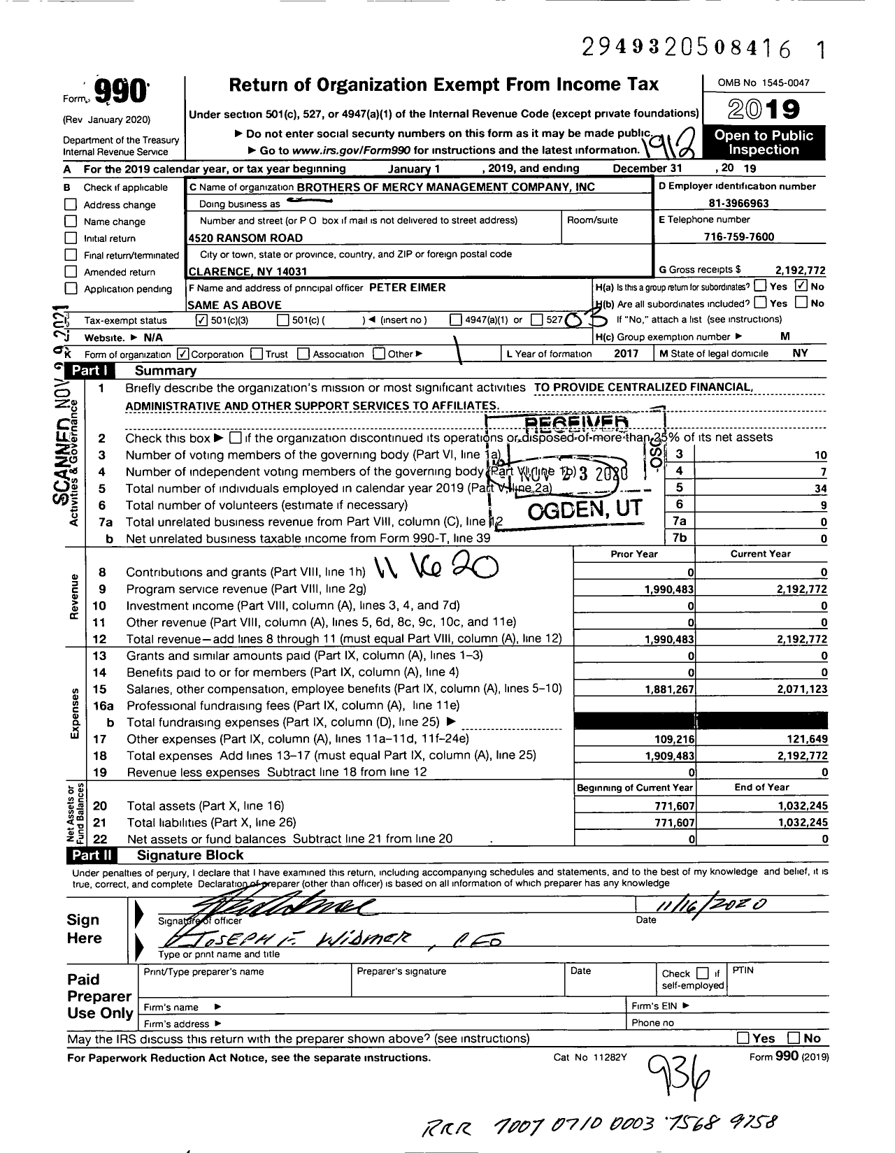 Image of first page of 2019 Form 990 for Brothers of Mercy Management Company