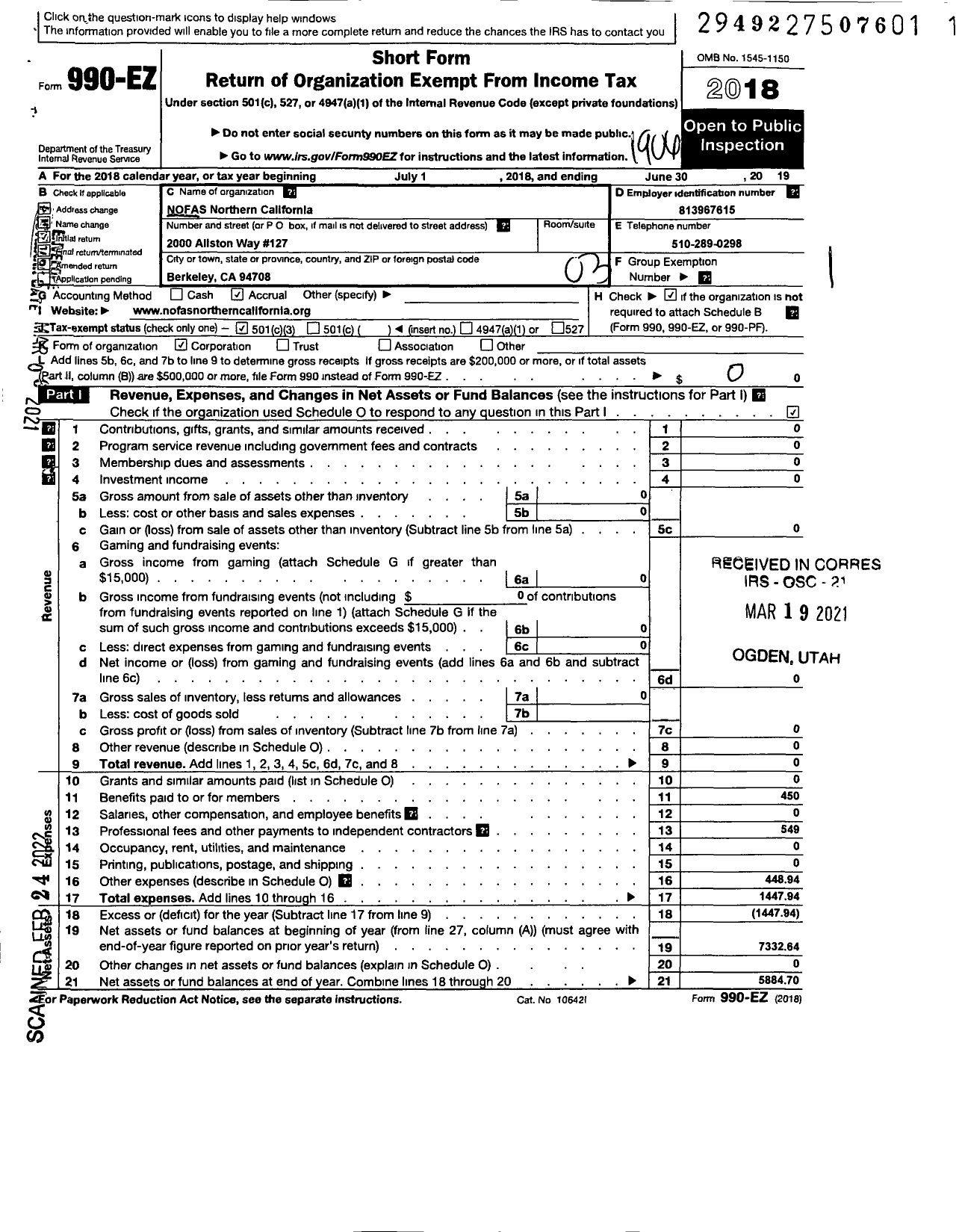 Image of first page of 2018 Form 990EZ for Fasd Network of Northern California