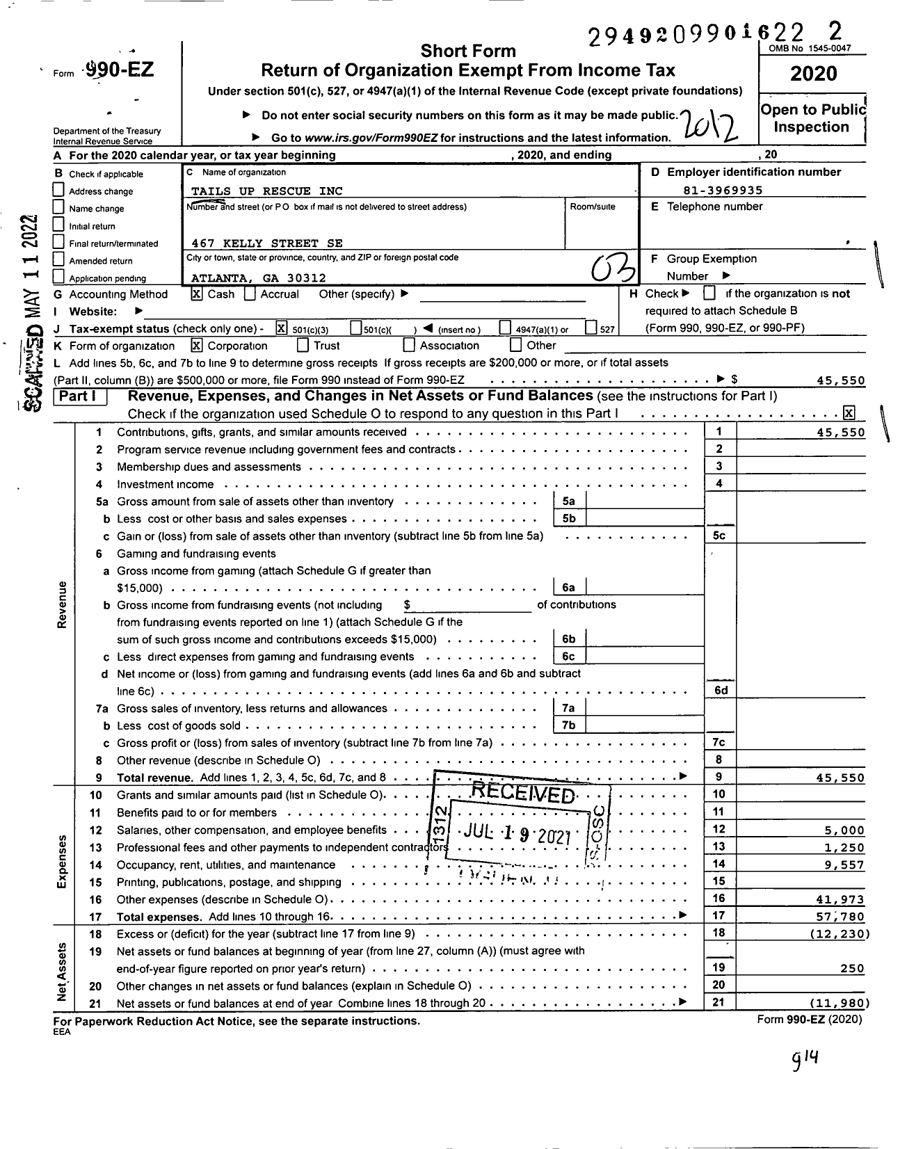 Image of first page of 2020 Form 990EZ for Tails Up Rescue