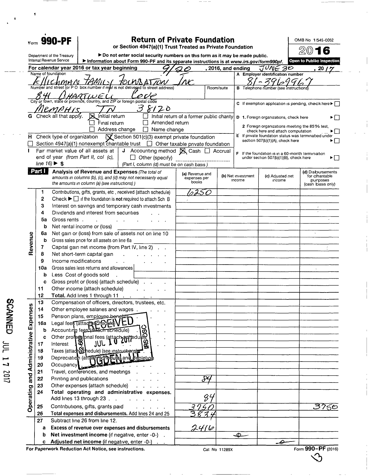 Image of first page of 2016 Form 990PF for Ellichman Family Foundation