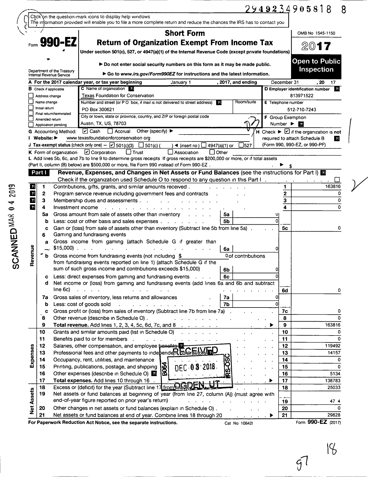 Image of first page of 2017 Form 990EZ for Texas Foundation for Conservation