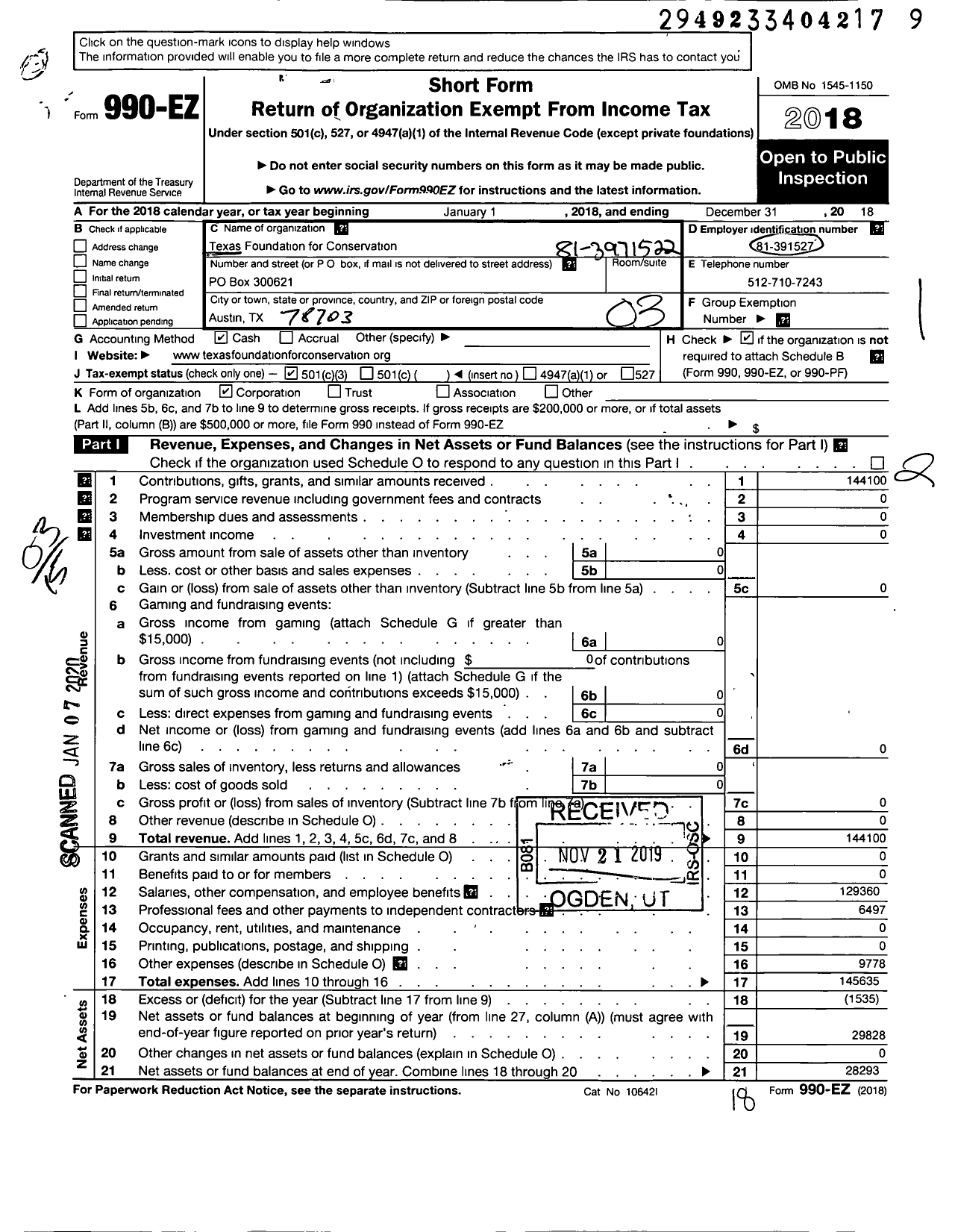 Image of first page of 2018 Form 990EZ for Texas Foundation for Conservation