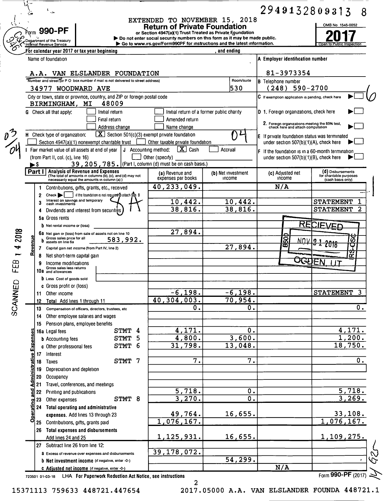 Image of first page of 2017 Form 990PF for Aa Van Elslander Foundation