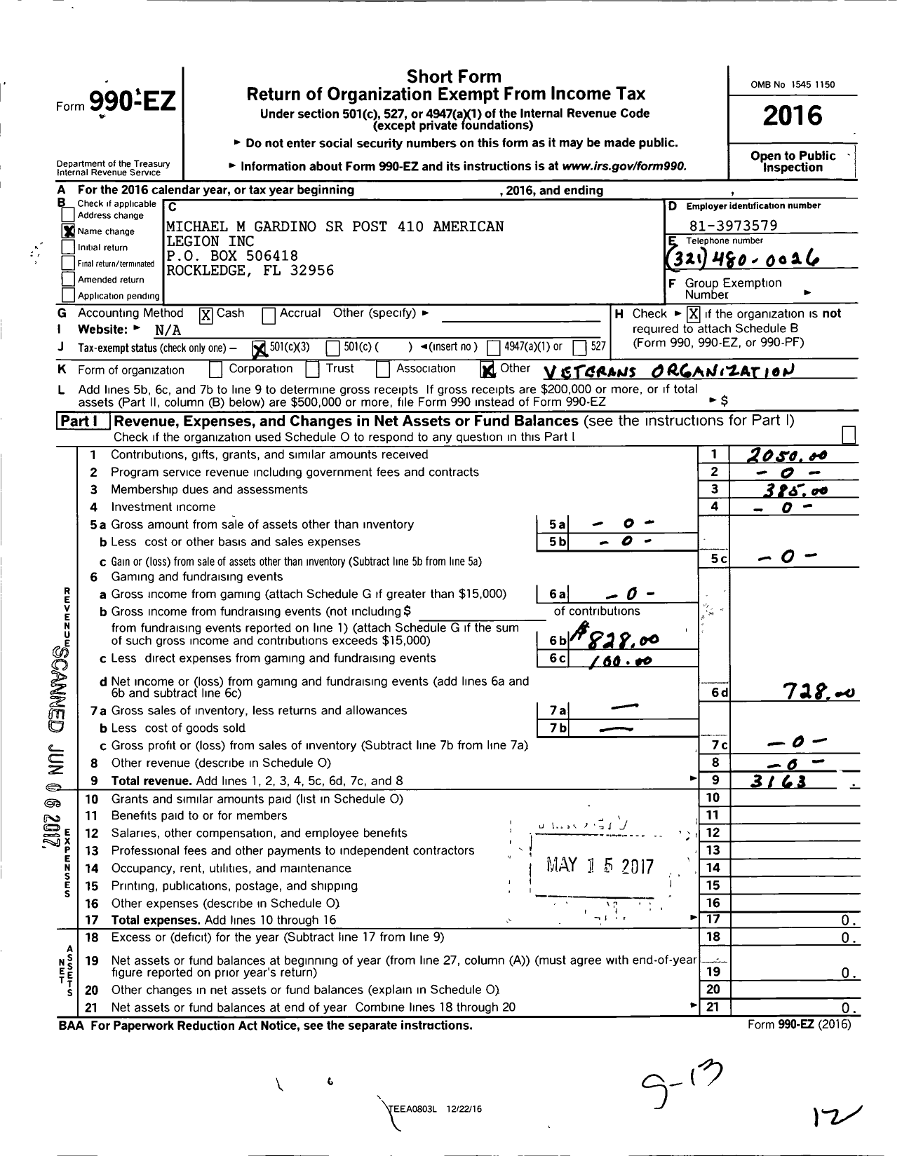 Image of first page of 2016 Form 990EZ for American Legion - 410 Post Michael M Gardino SR