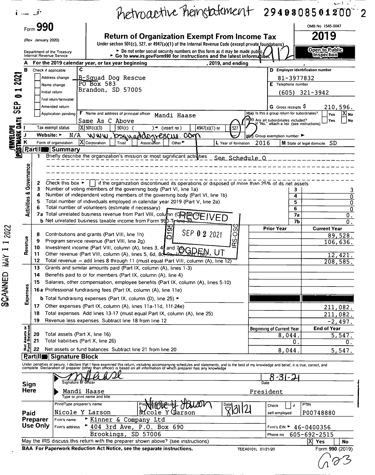 Image of first page of 2019 Form 990 for B-Squad Dog Rescue