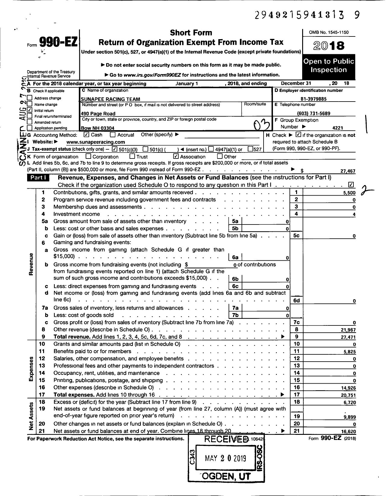 Image of first page of 2018 Form 990EZ for Sunapee Racing Team