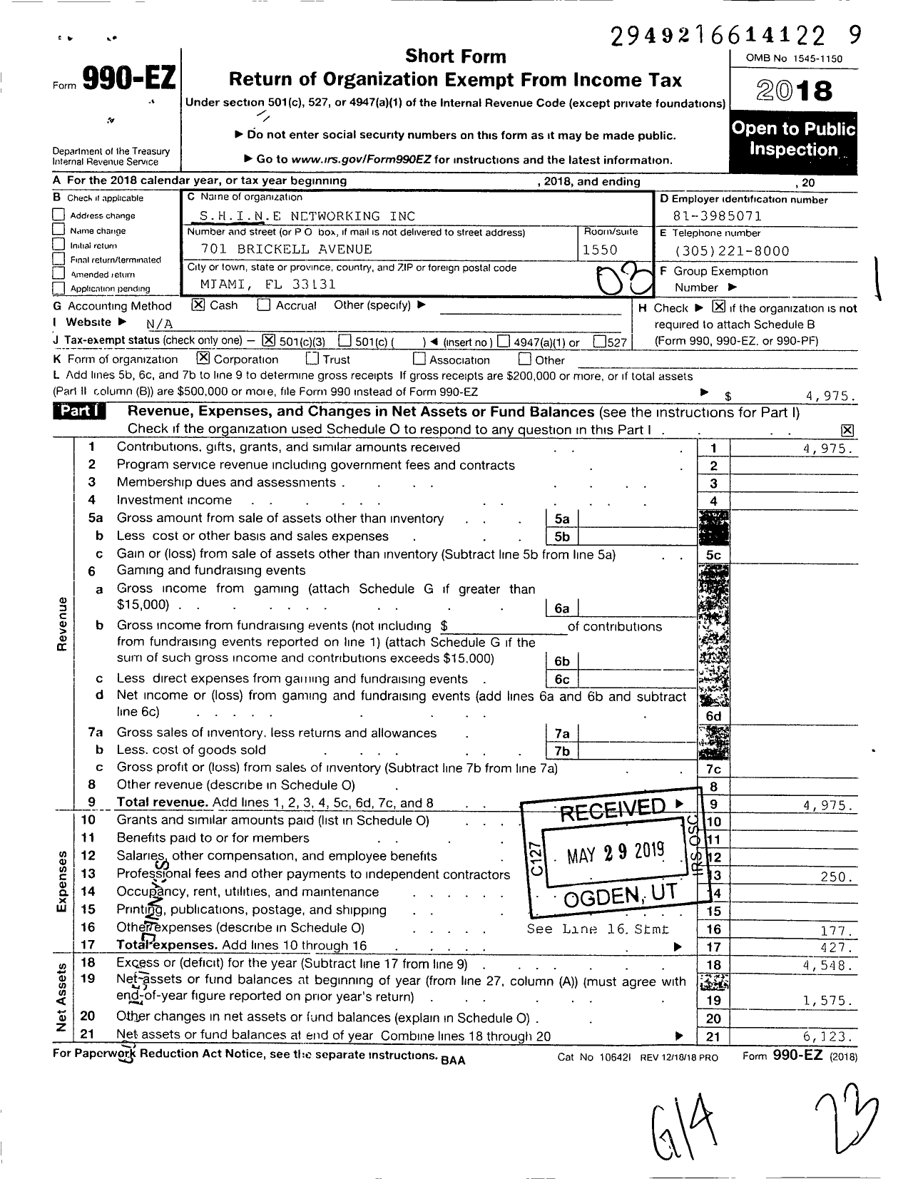 Image of first page of 2018 Form 990EZ for Shine Networking