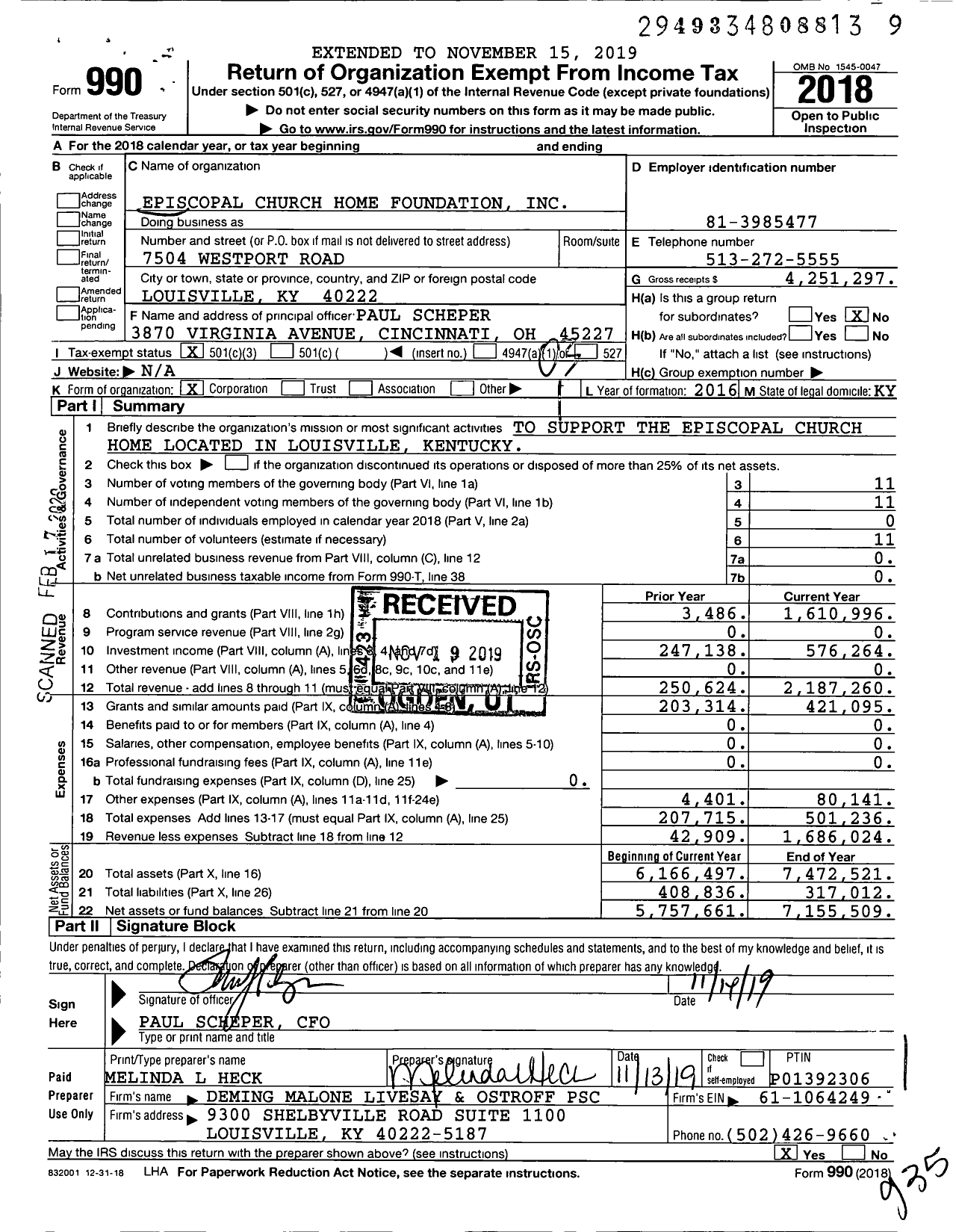 Image of first page of 2018 Form 990 for Episcopal Church Home Foundation