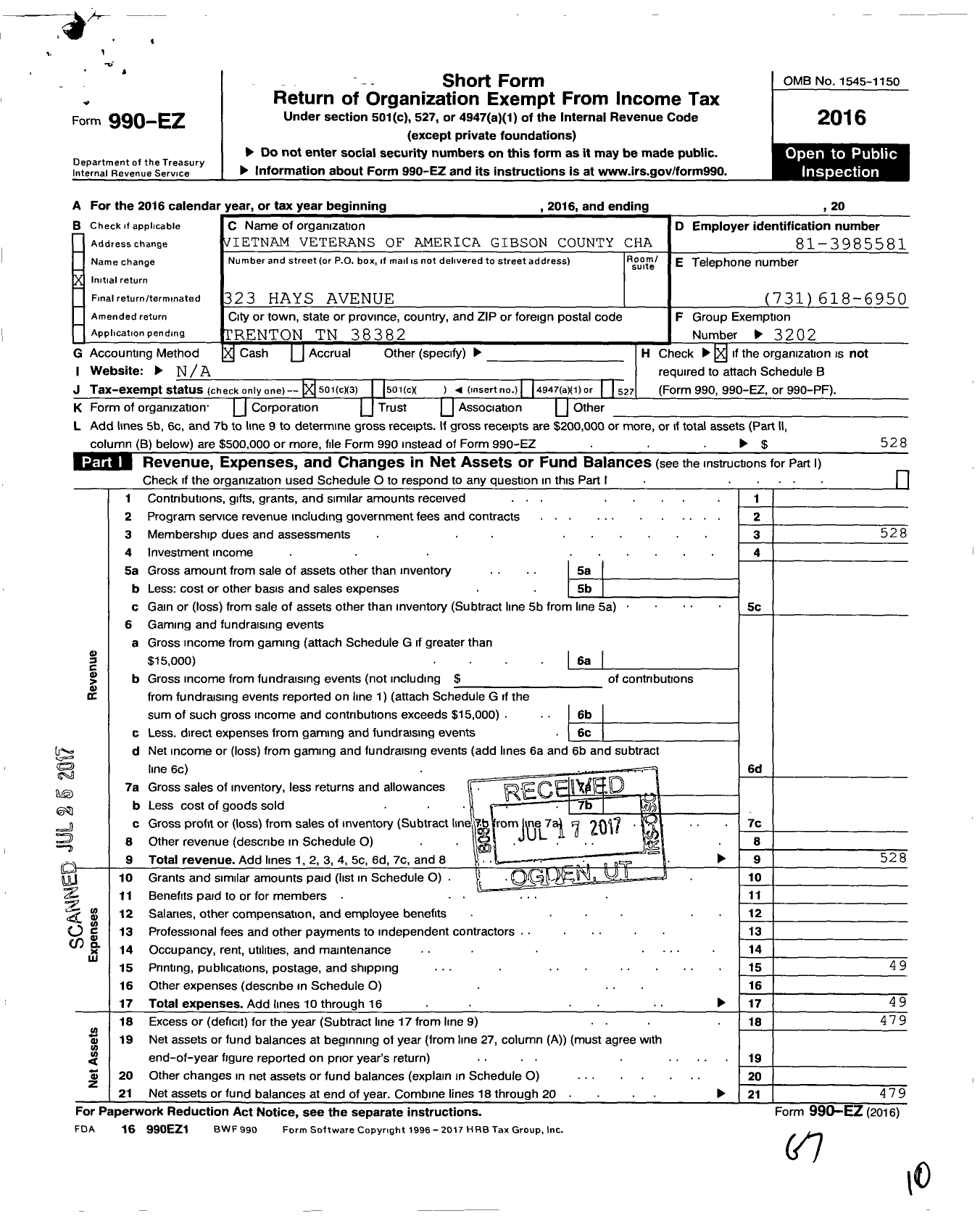 Image of first page of 2016 Form 990EZ for Vietnam Veterans of America - 1124 Vva Chapter