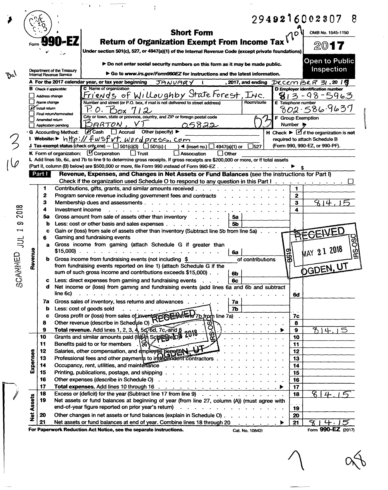 Image of first page of 2016 Form 990EZ for Friends of Willoughby State Forest
