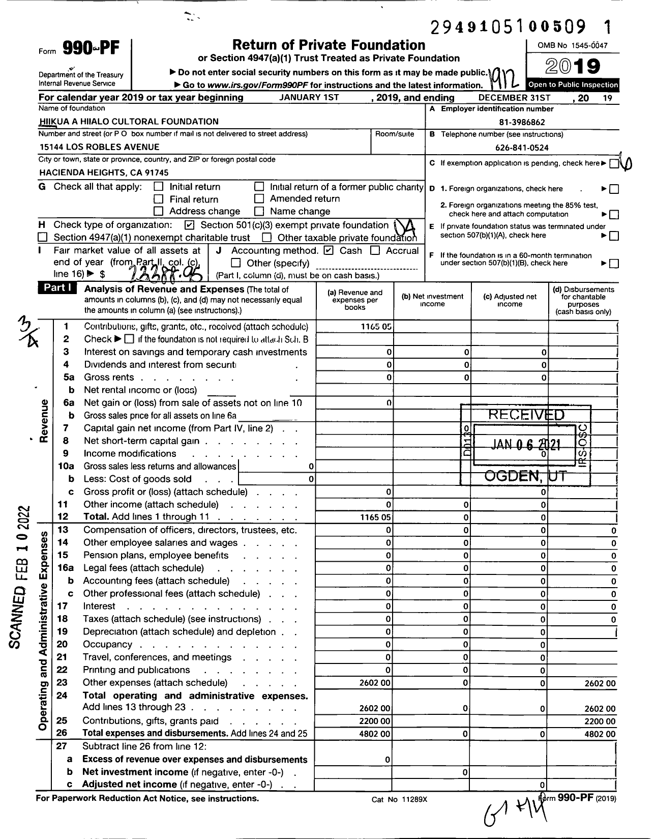 Image of first page of 2019 Form 990PF for Hiikua A Hiialo Cultural Foundation