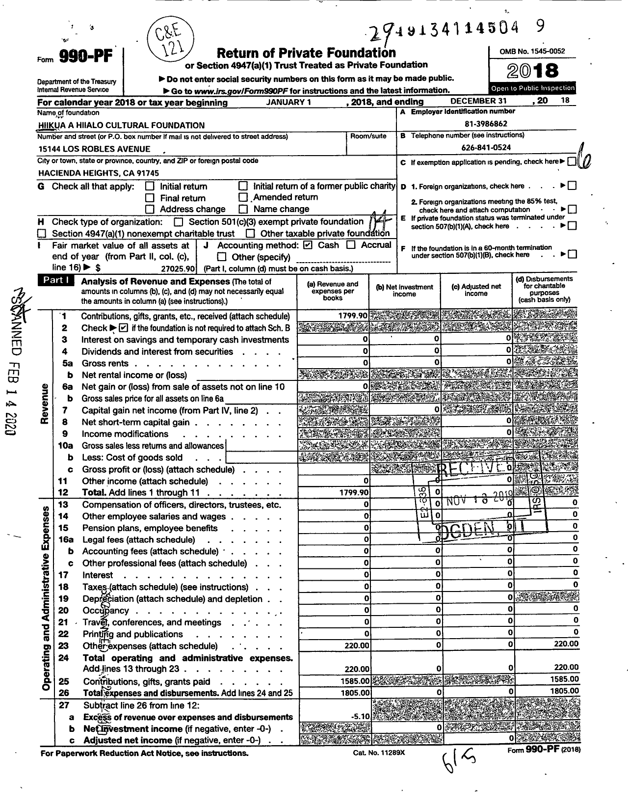 Image of first page of 2018 Form 990PF for Hiikua A Hiialo Cultural Foundation