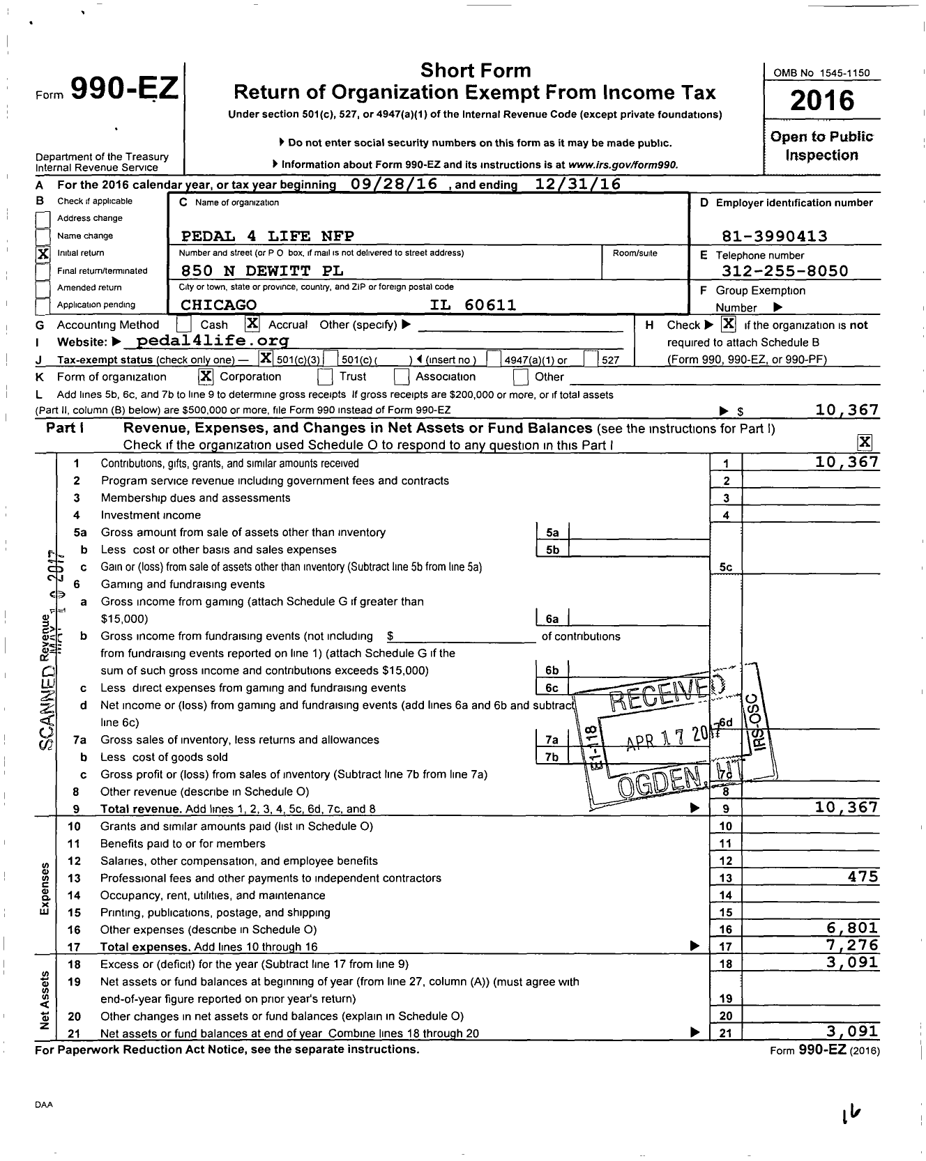 Image of first page of 2016 Form 990EZ for Pedal 4 Life NFP