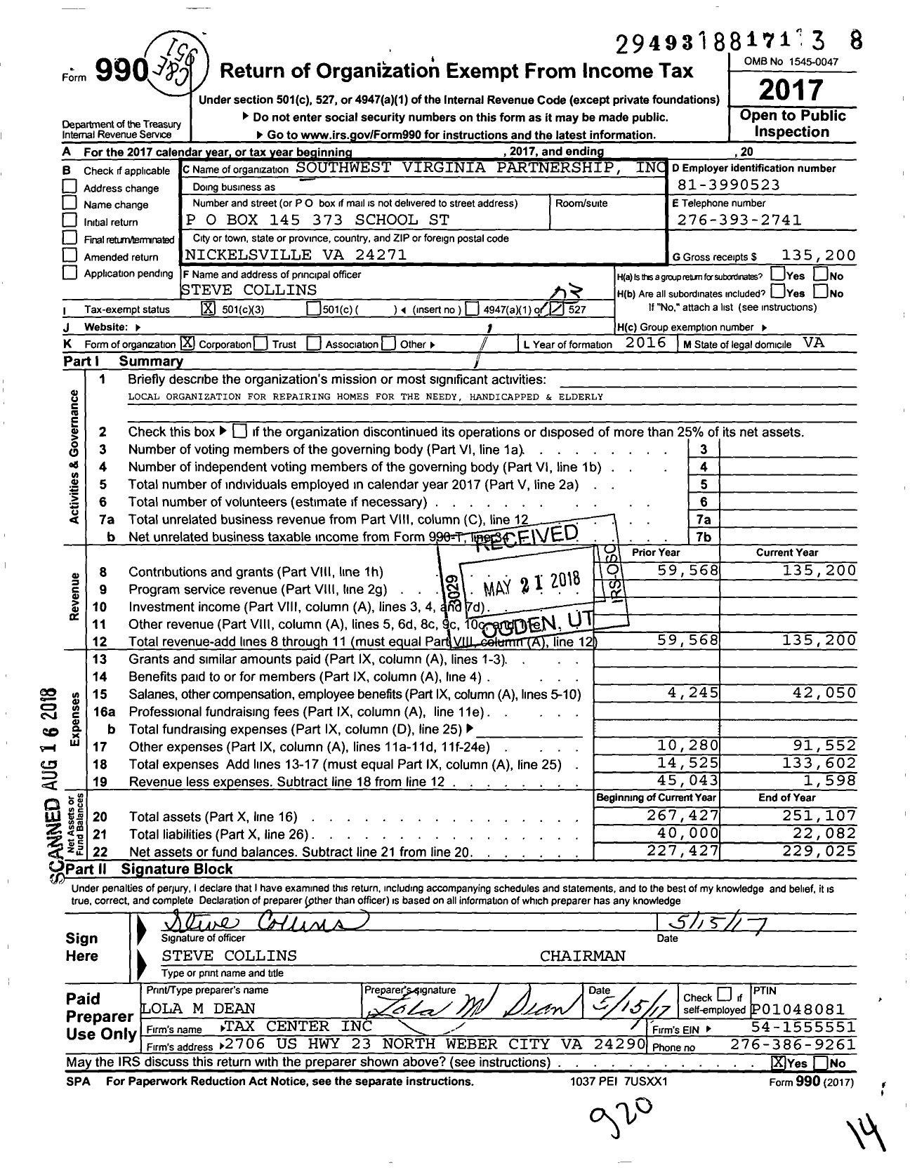 Image of first page of 2017 Form 990 for Southwest Virginia Partnership