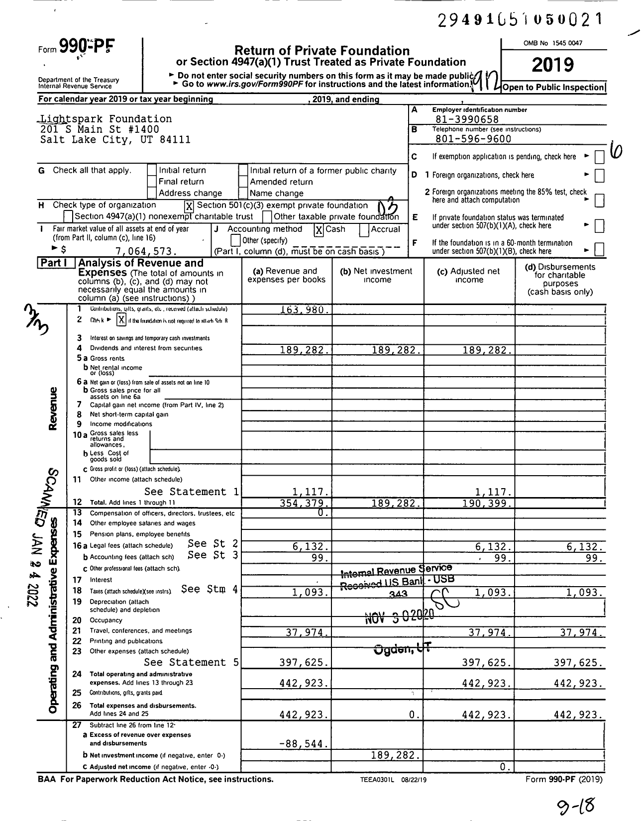 Image of first page of 2019 Form 990PF for Lightspark Foundation