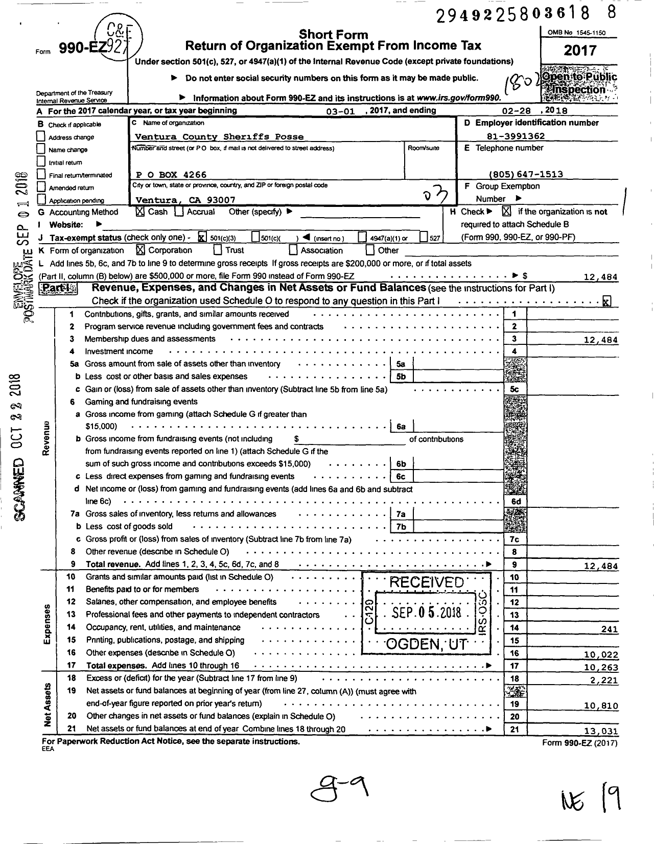 Image of first page of 2017 Form 990EZ for Ventura County Sheriffs Posse