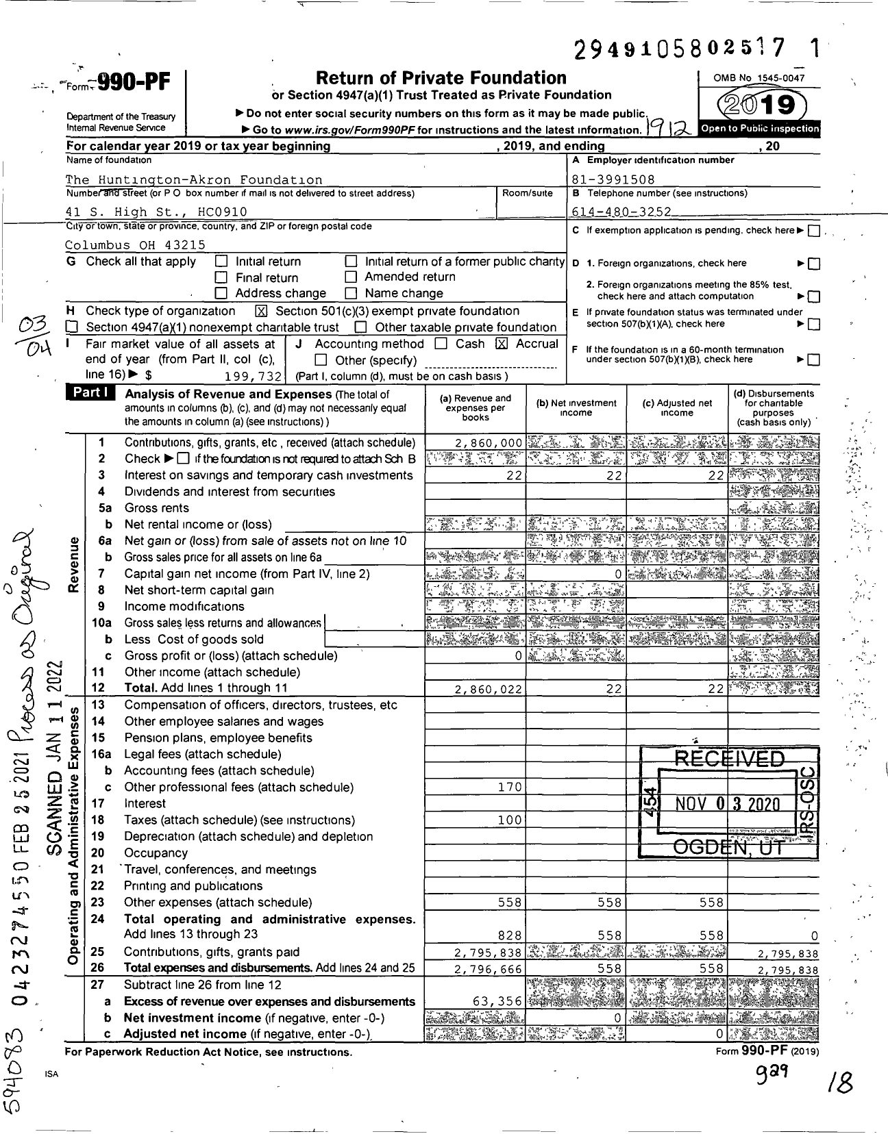 Image of first page of 2019 Form 990PF for The Huntington-Akron Foundation