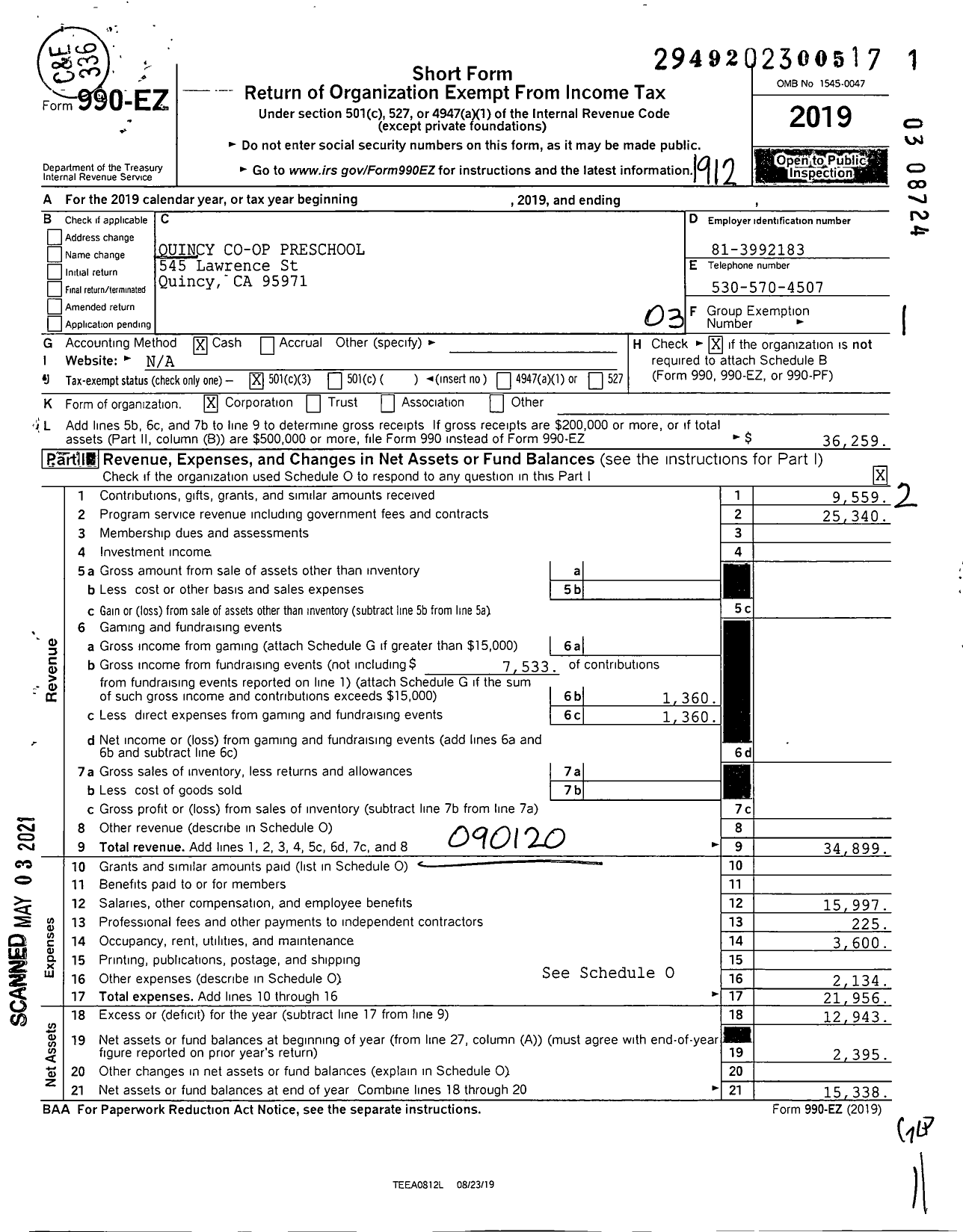 Image of first page of 2019 Form 990EZ for Quincy Co-Op Preschool