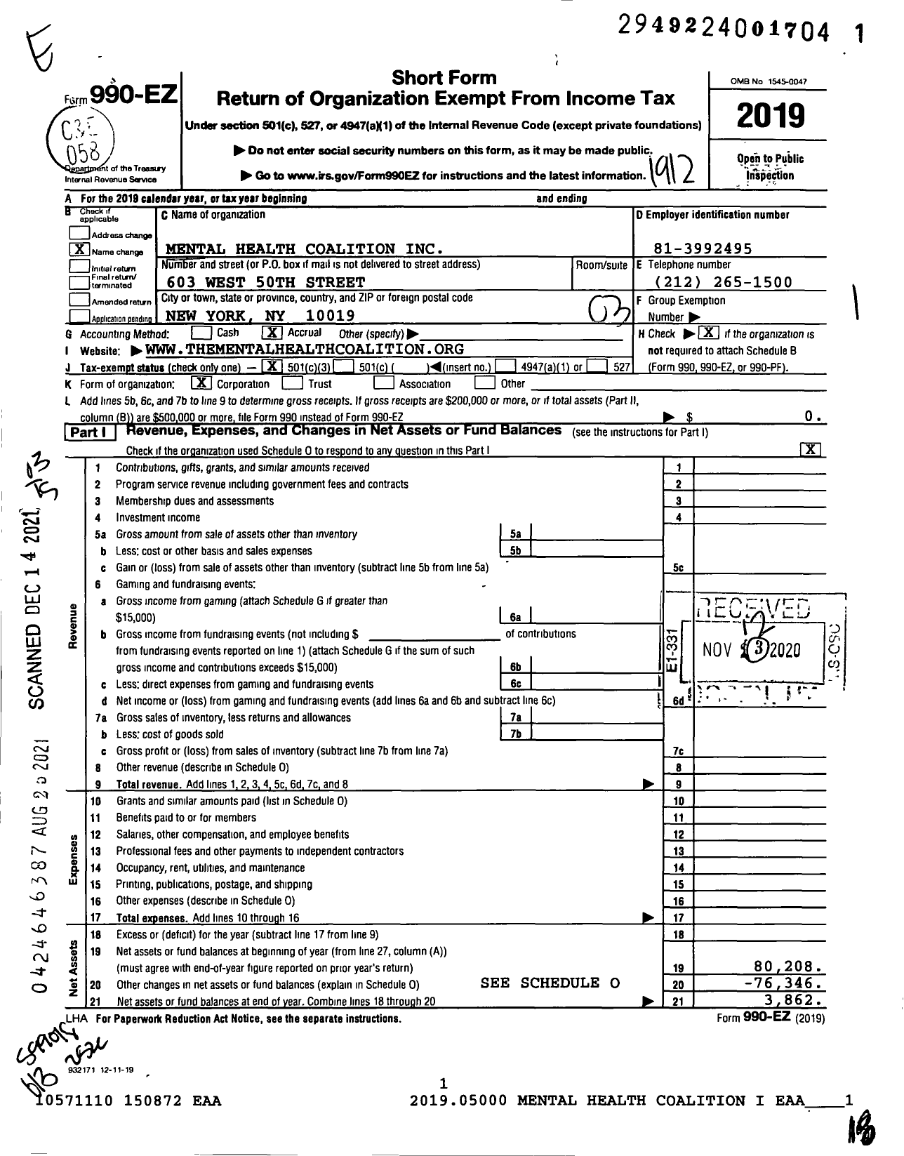 Image of first page of 2019 Form 990EZ for Mental Health Coalition